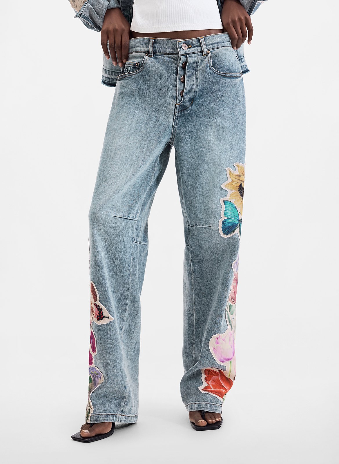 Wijde broek van gemengd katoen met borduursel DESIGUAL Blauw