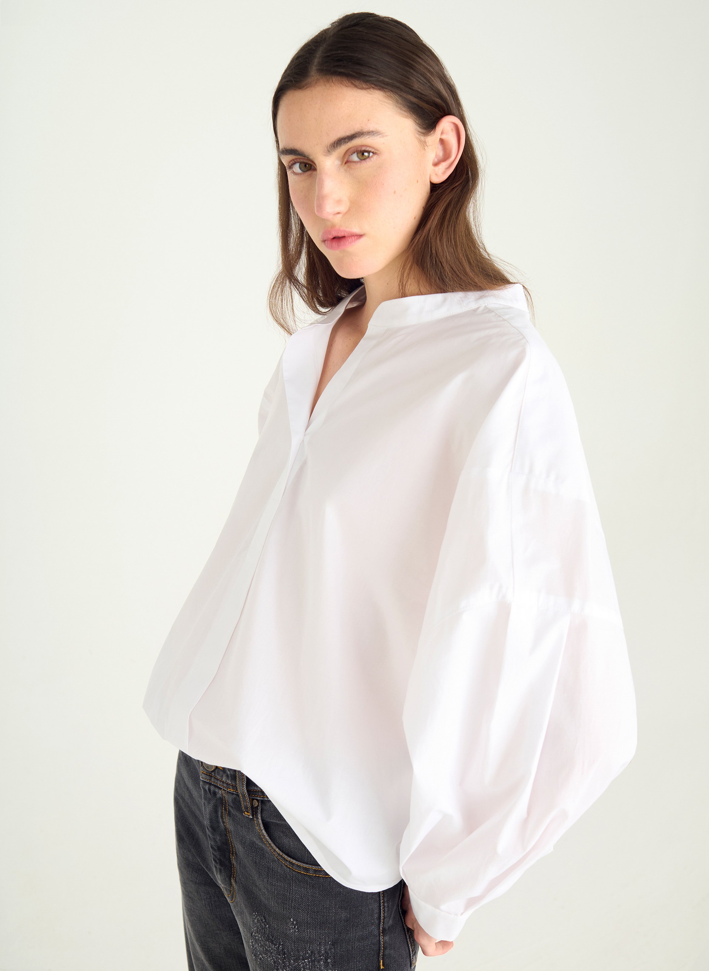 Blouse oversize col tunisien en coton bio ACOTE Blanc