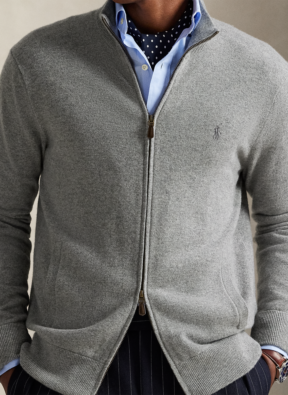 Gilet zippé à broderie logo en laine POLO RALPH LAUREN Gris