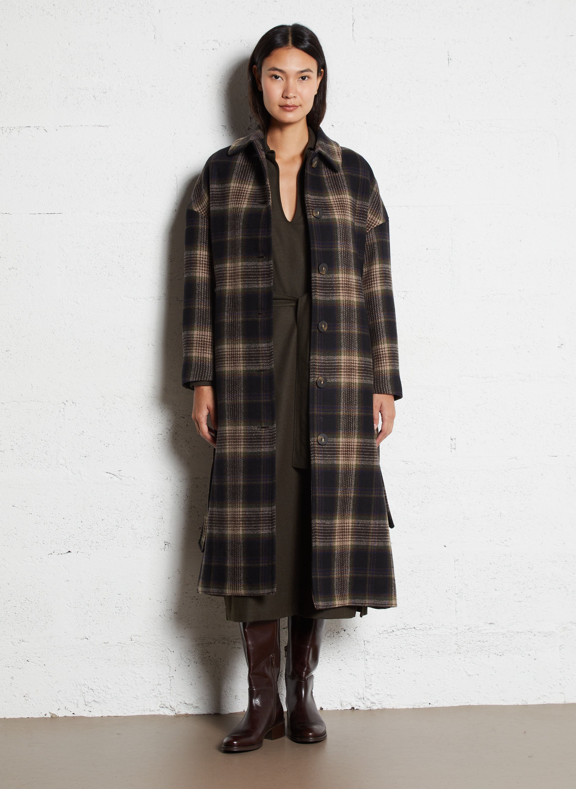 Manteau long col classique à carreaux en laine mélangée DIEGA Multicolore