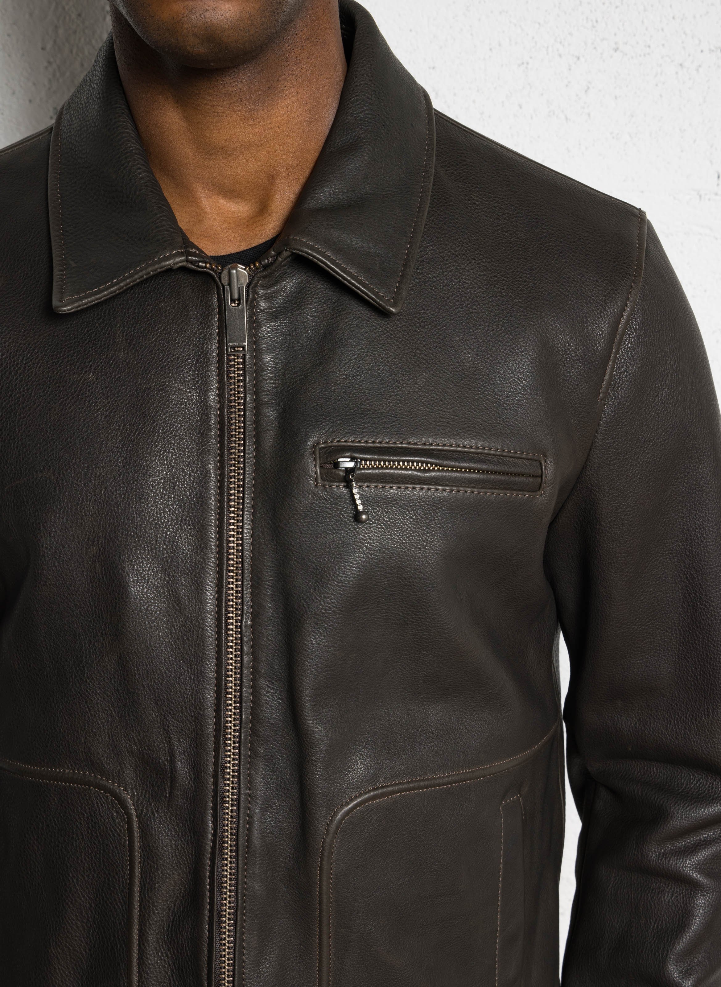 Blouson droit col classique en cuir CHEVIGNON Marron