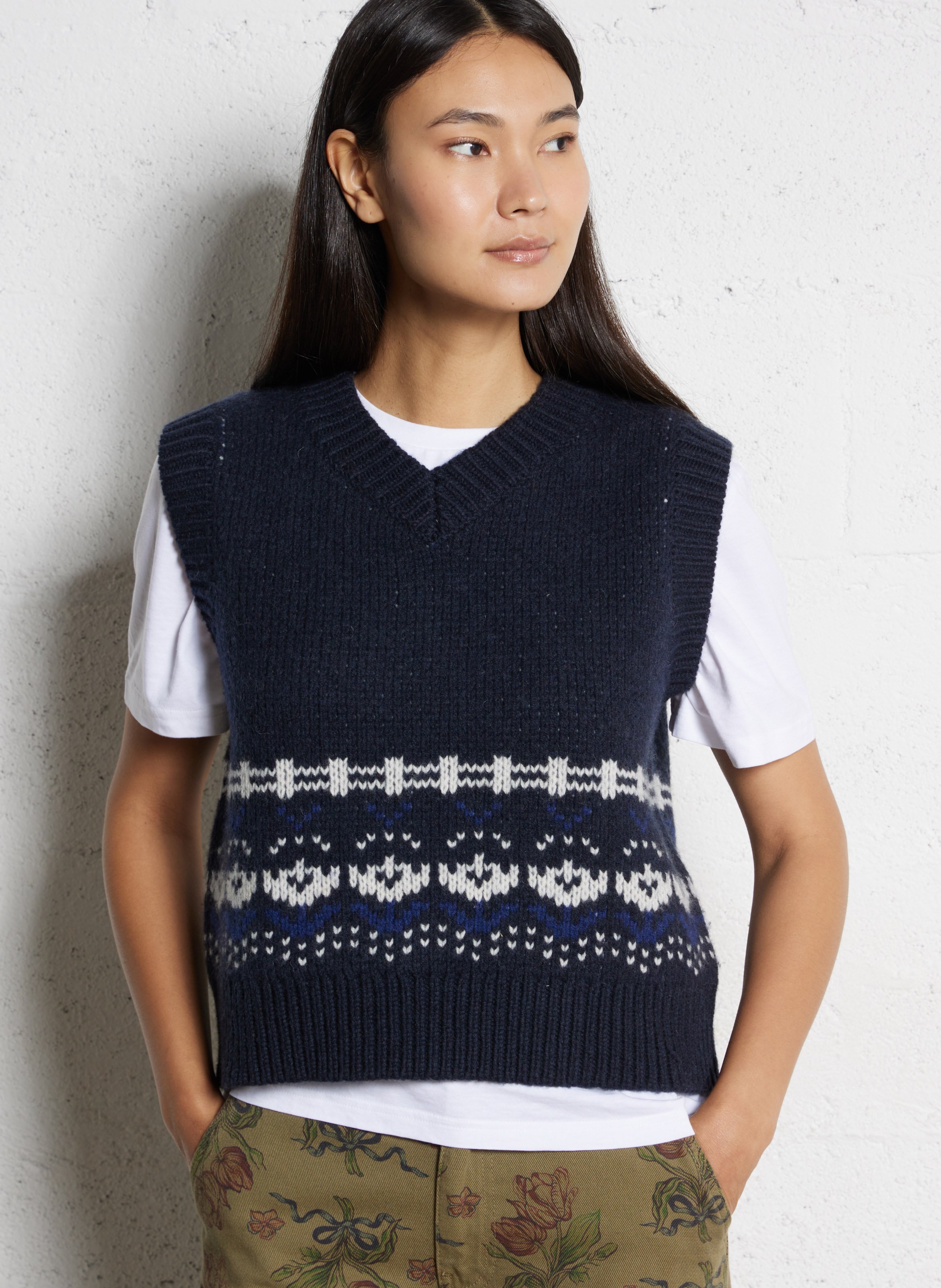 Pull col V imprimé en laine DAMSON MADDER Bleu