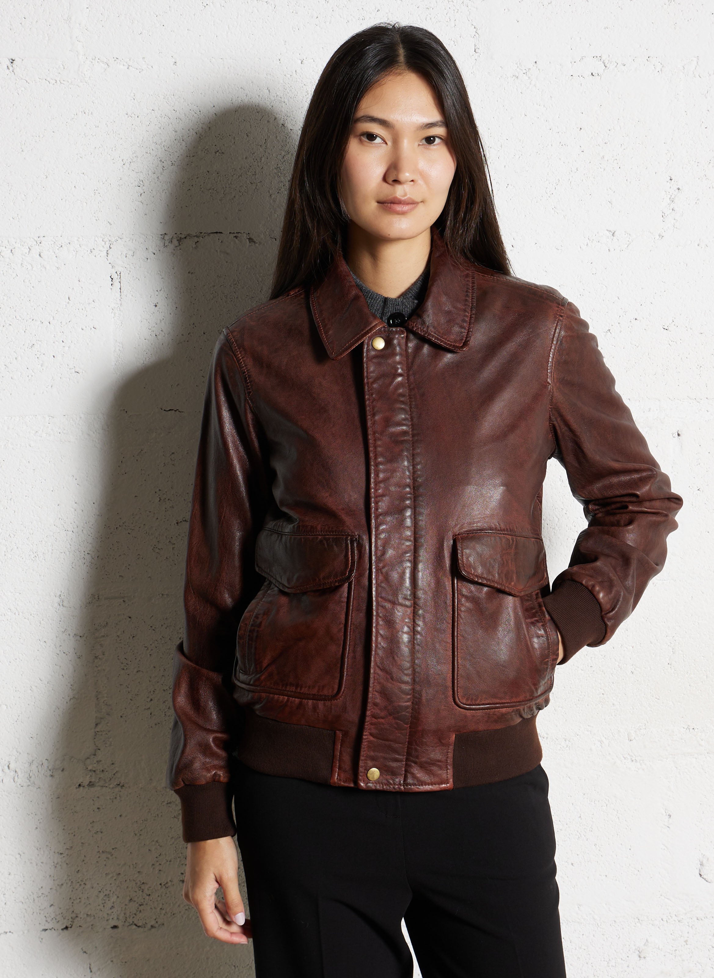 Straight leather jacket with distressed effect MAISON 123 Red