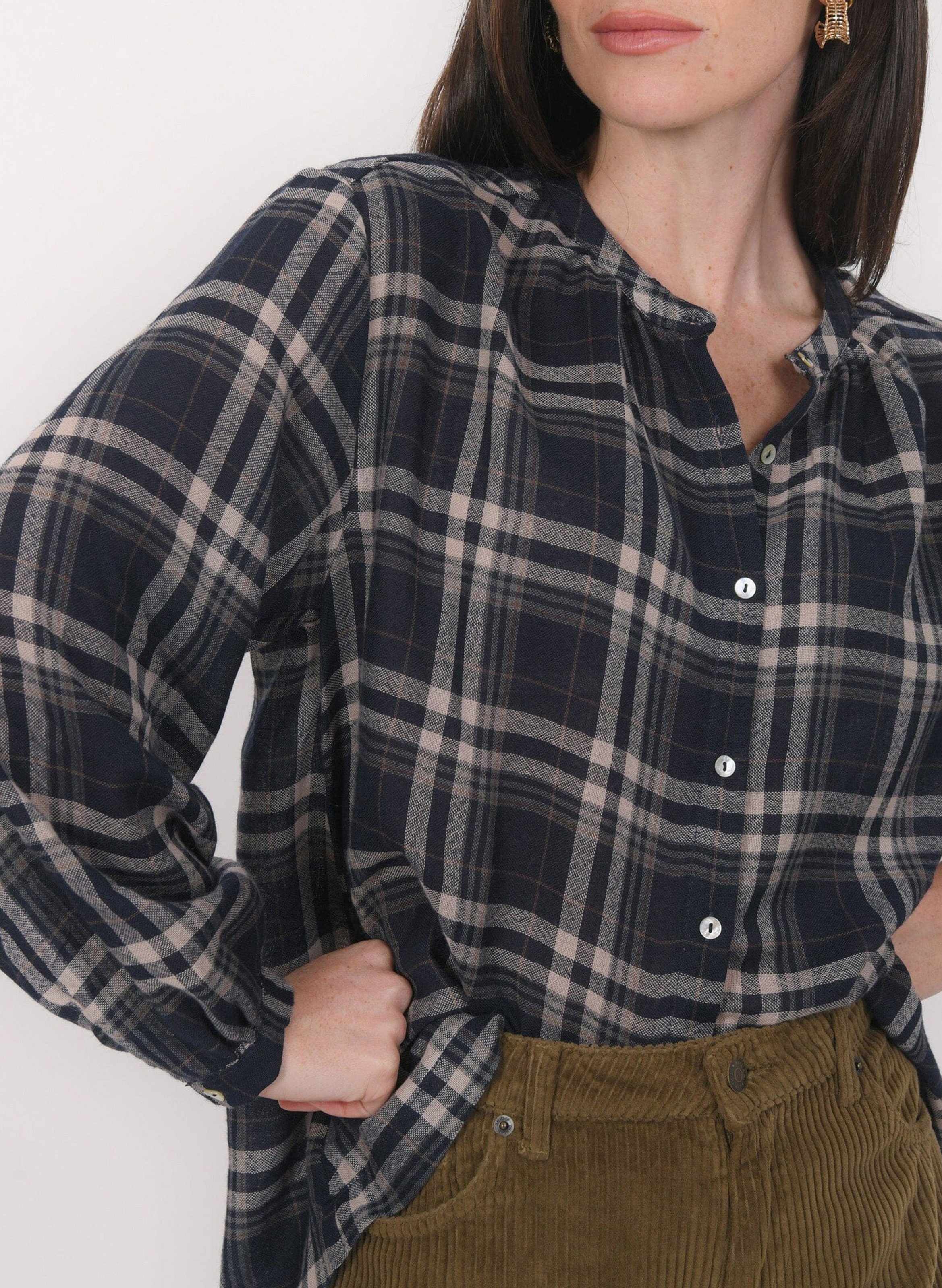 Oversized Mao collar plaid shirt Blue