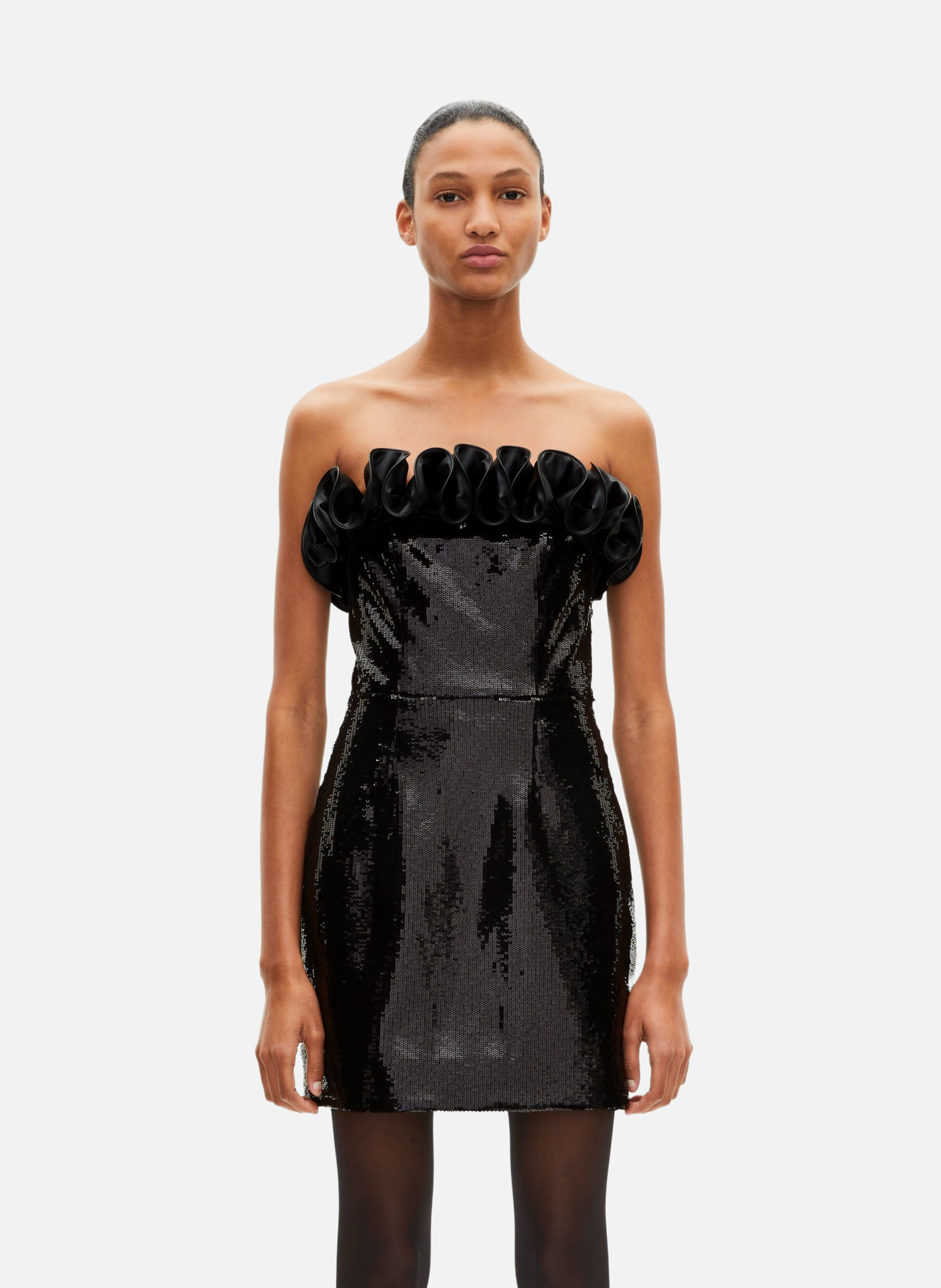 Short strapless dress with sequins and faux leather detail THE KOOPLES Black