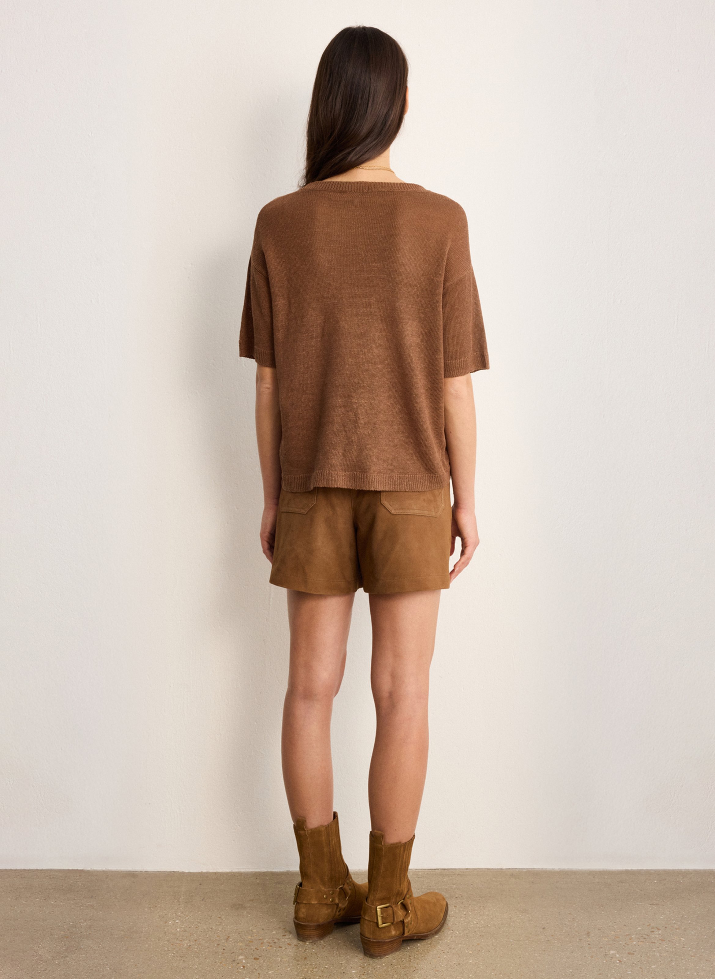 Straight round-neck linen sweater PABLO Brown