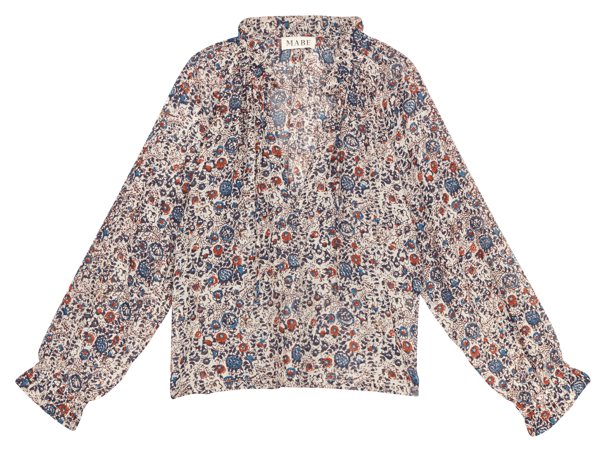 Blouse droite col V en coton imprimé M.A.B.E Bleu