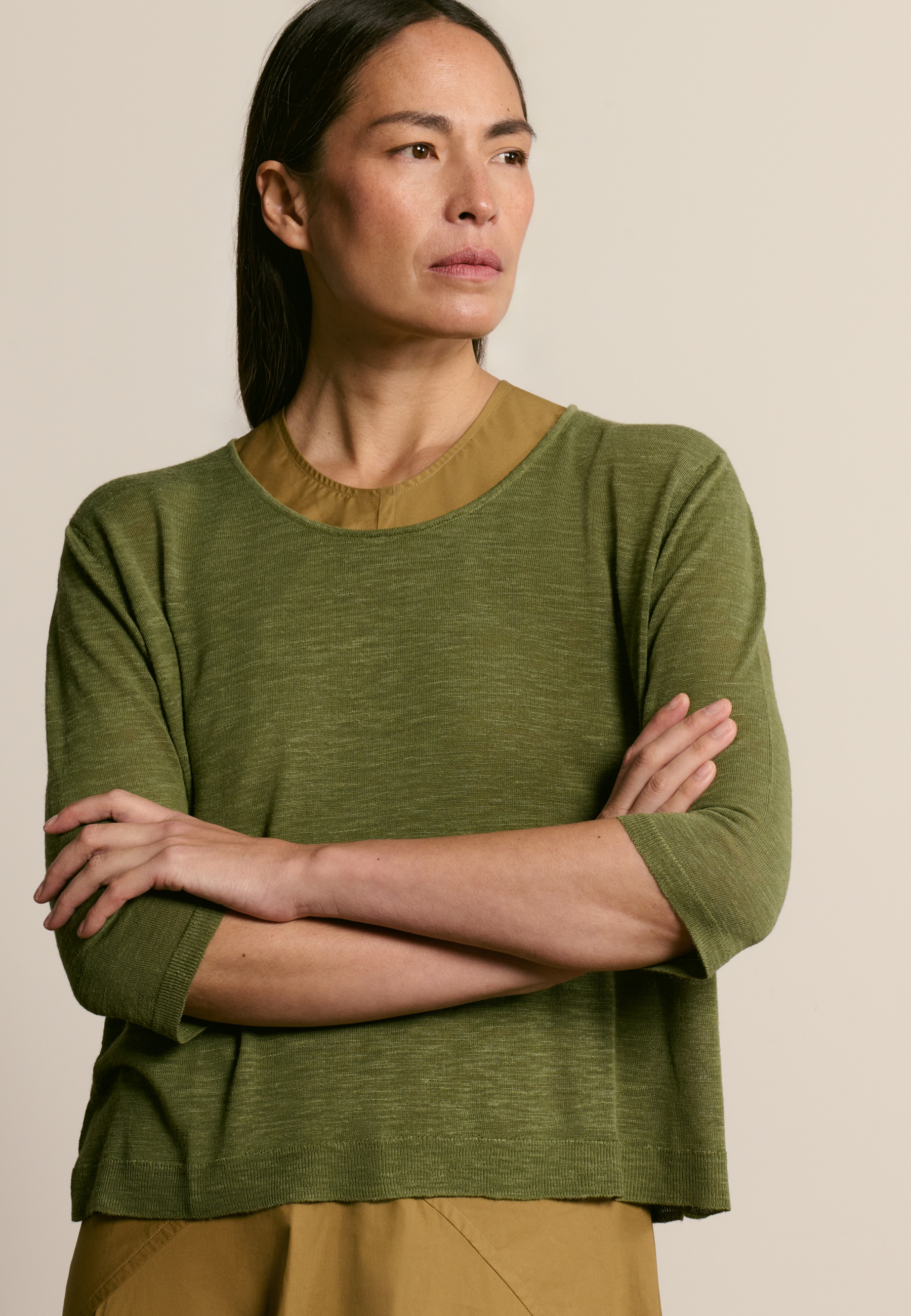 T-shirt col rond manches coudes en lin flammé MAISON MONTAGUT