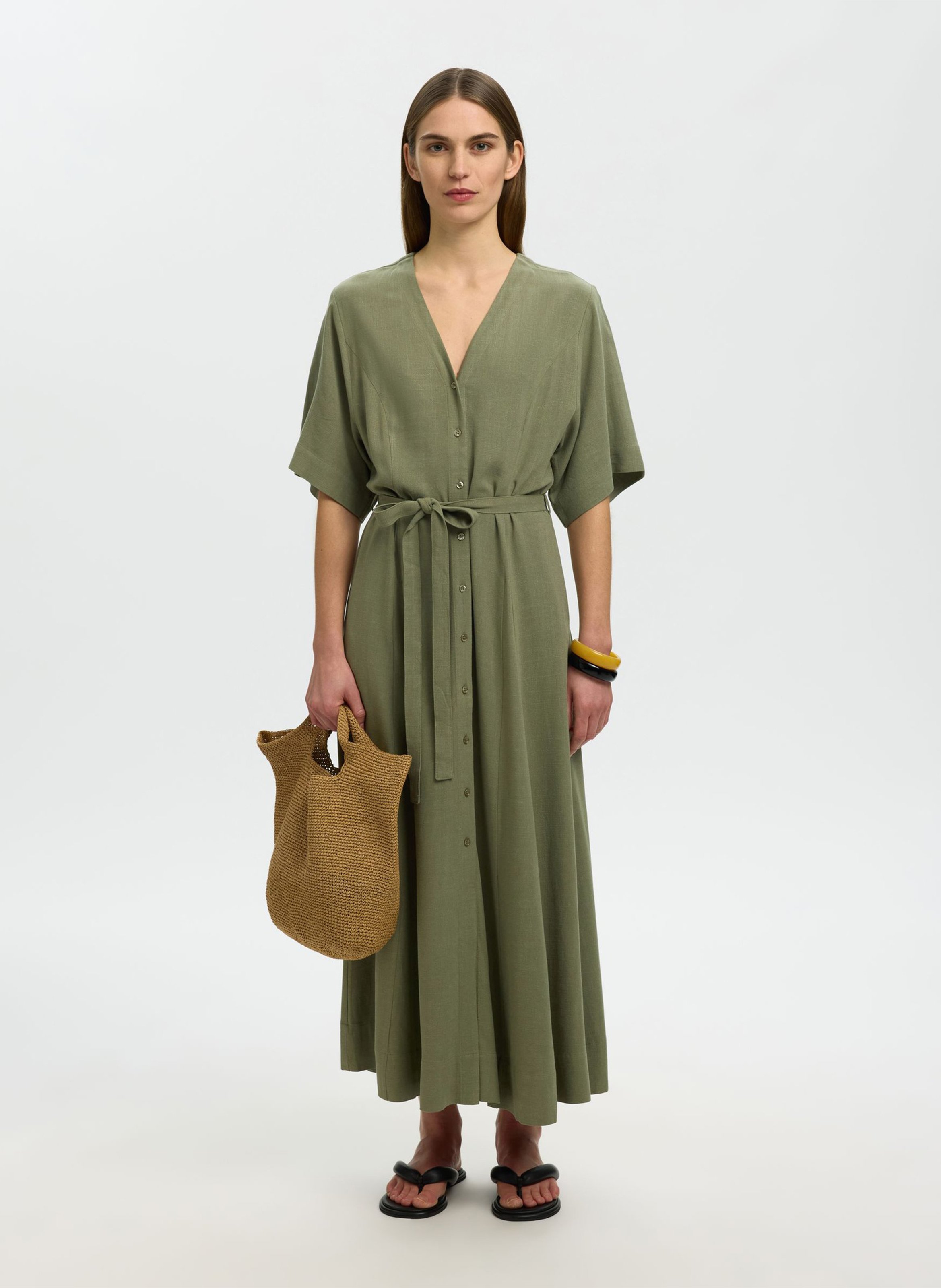 Long V-neck dress SELECTED Green