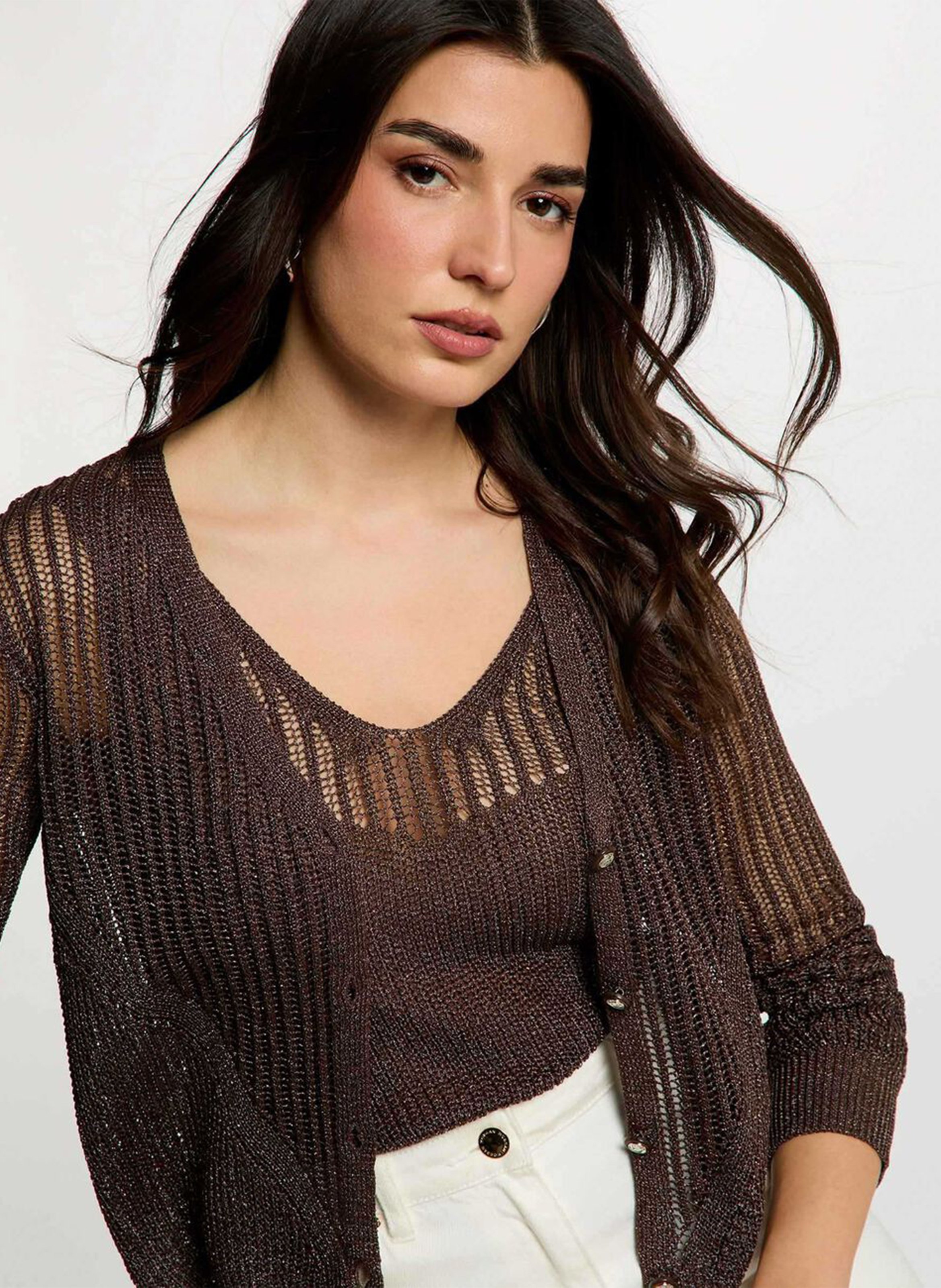Langärmliges Lochstrick-Strickjacke MORGAN Braun