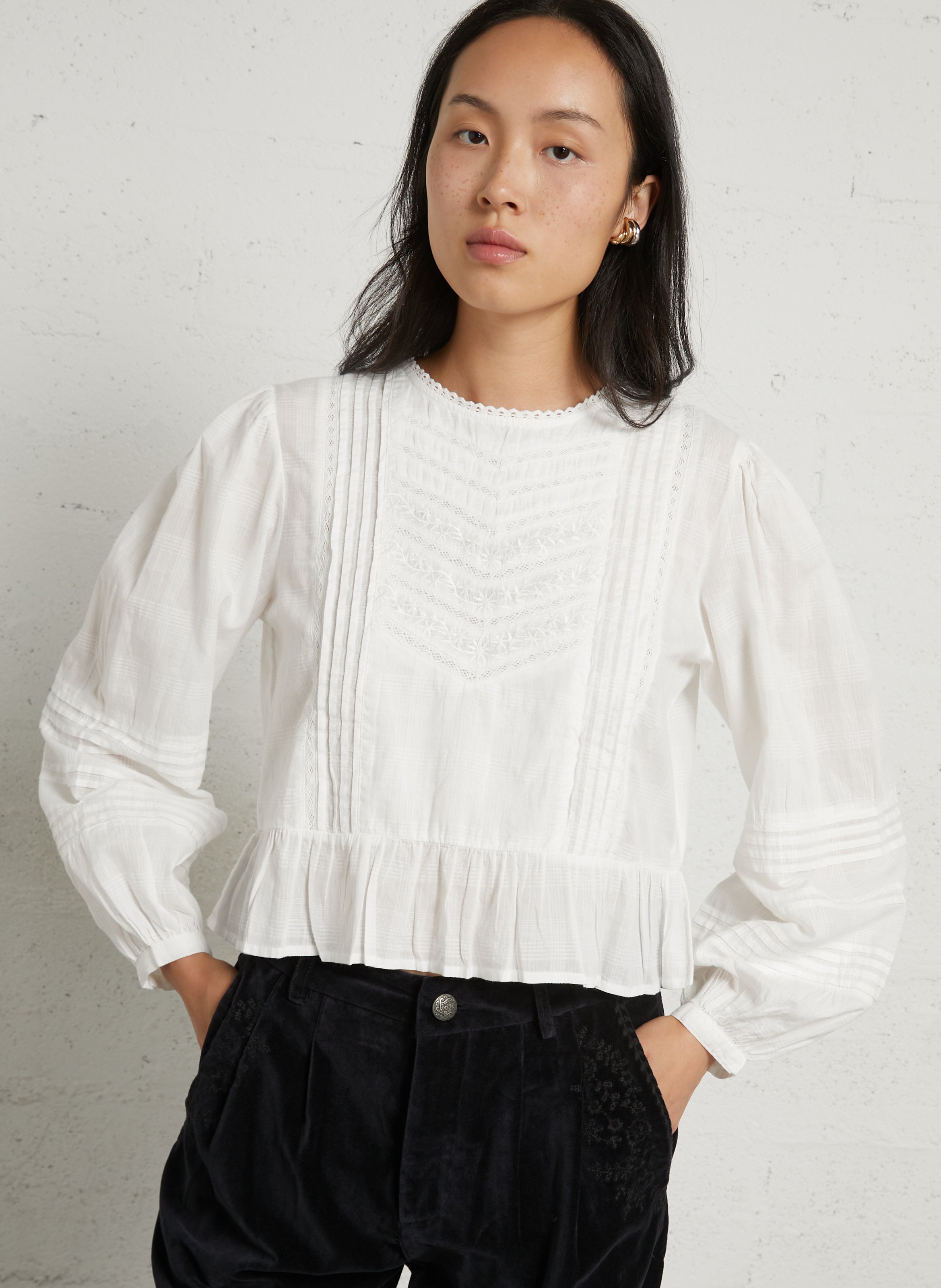 Blouse droite à broderie en coton MAISON HOTEL Blanc