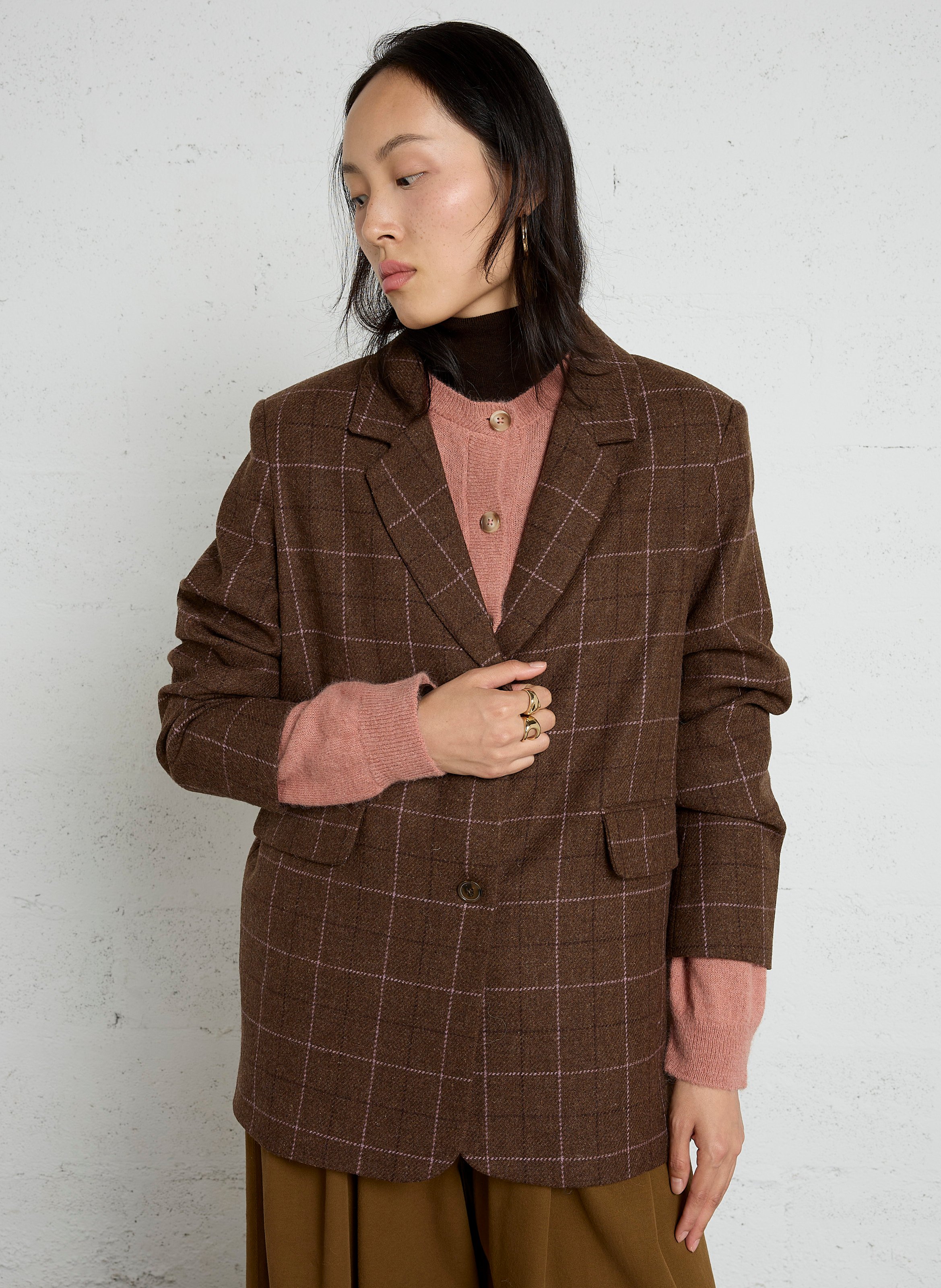 Weite Wollkarojacke mit Reverskragen DES PETITS HAUTS Braun