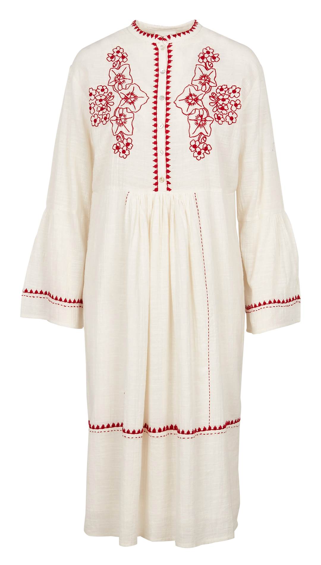 Weites Midikleid aus Baumwolle mit Mao-Kragen und Stickerei ANTIK BATIK Weiss