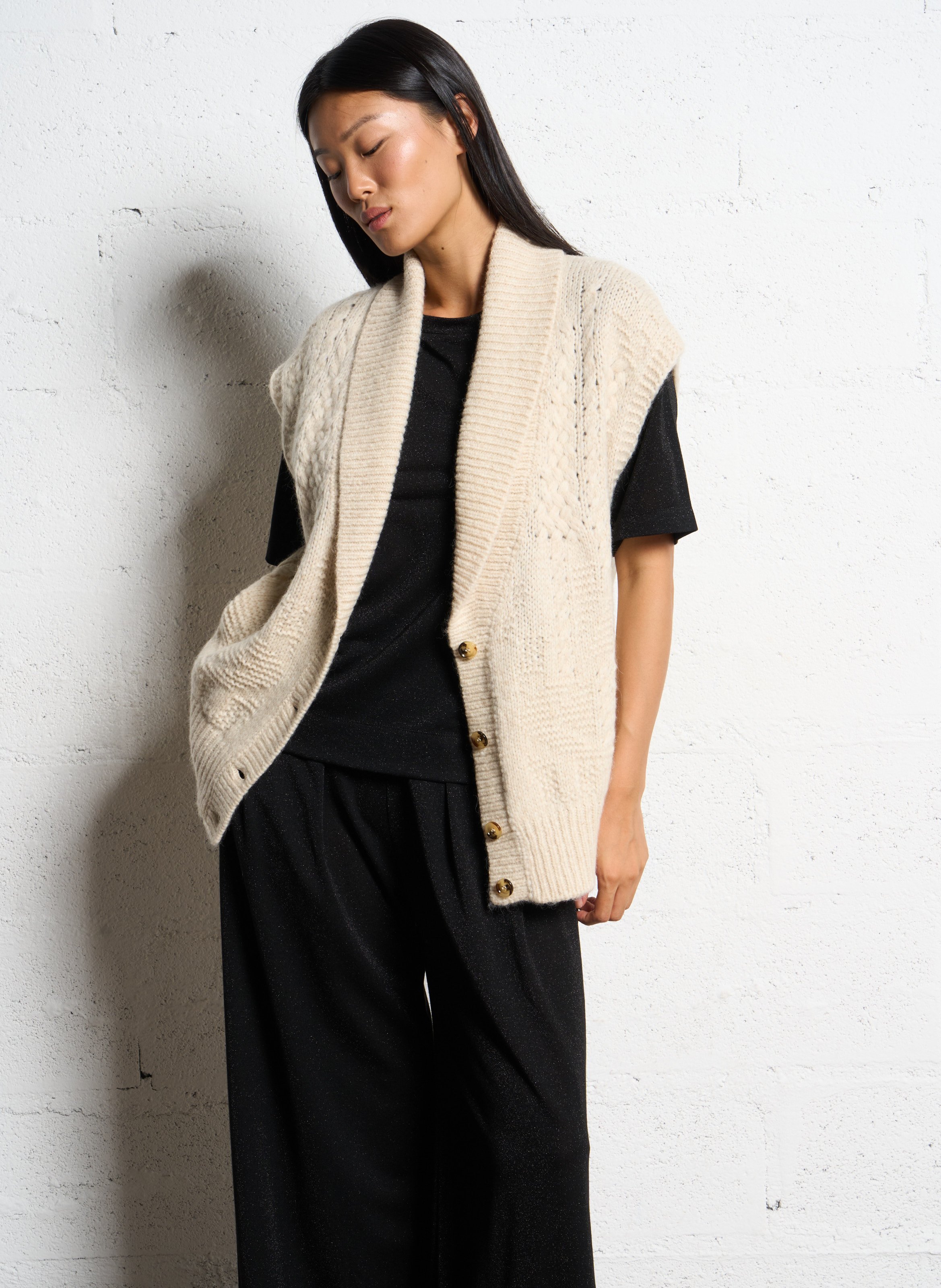 Braided wool blend shawl collar vest MOMONI Beige