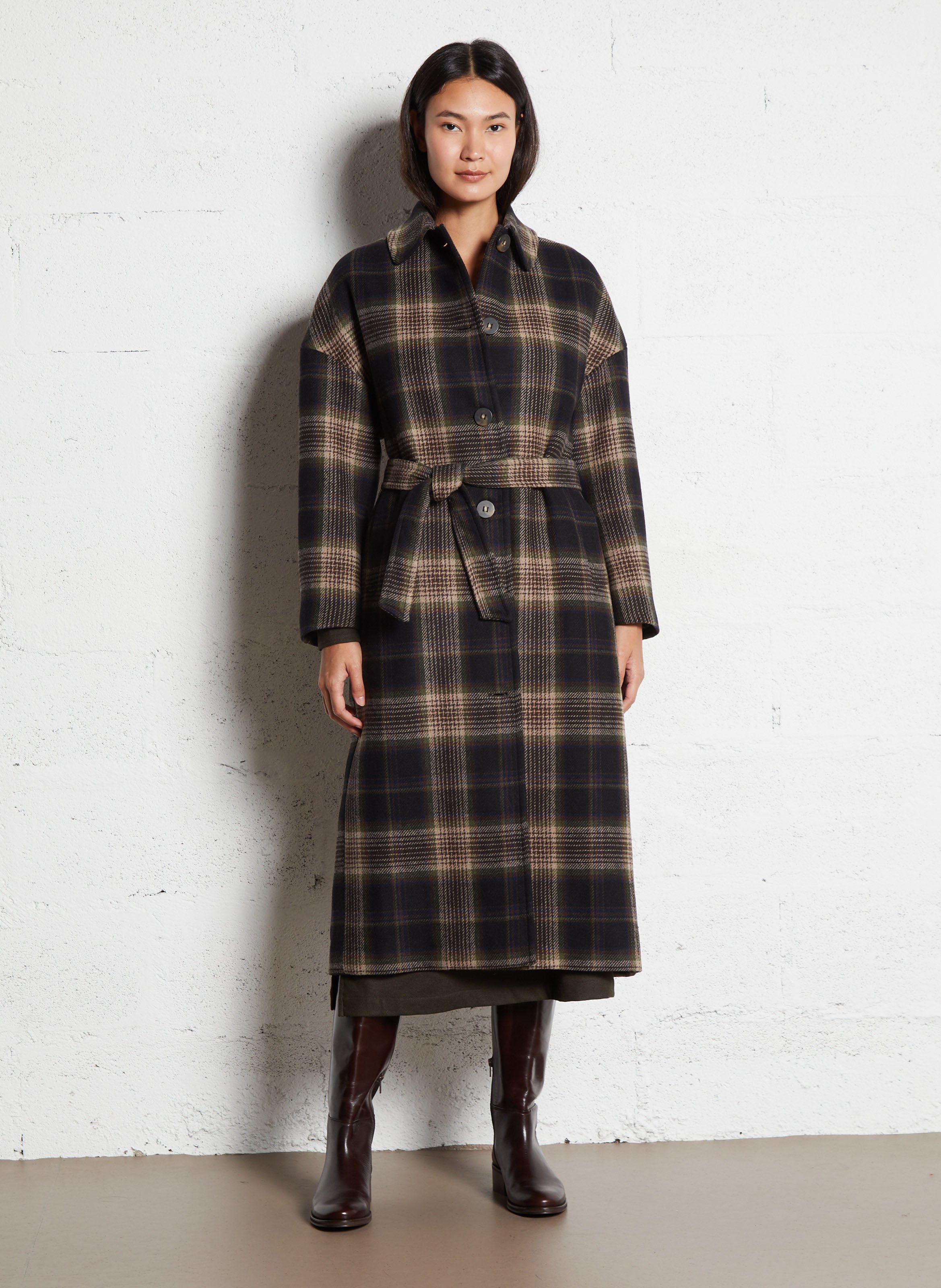 Manteau long col classique à carreaux en laine mélangée DIEGA Multicolore