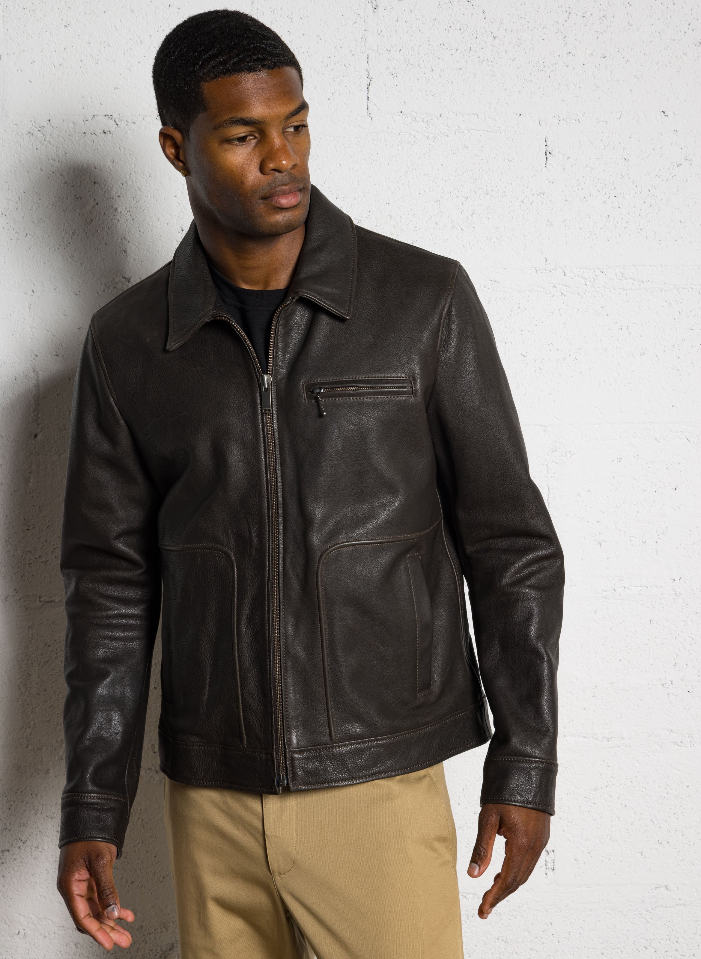 Blouson droit col classique en cuir CHEVIGNON Marron