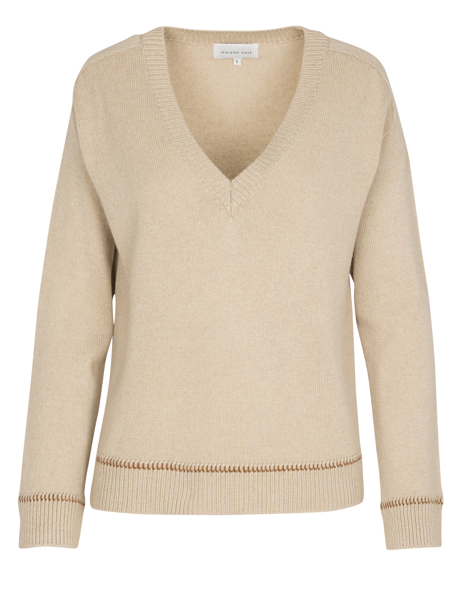 Pull ample col V en maille mélangée MAISON ANJE Beige