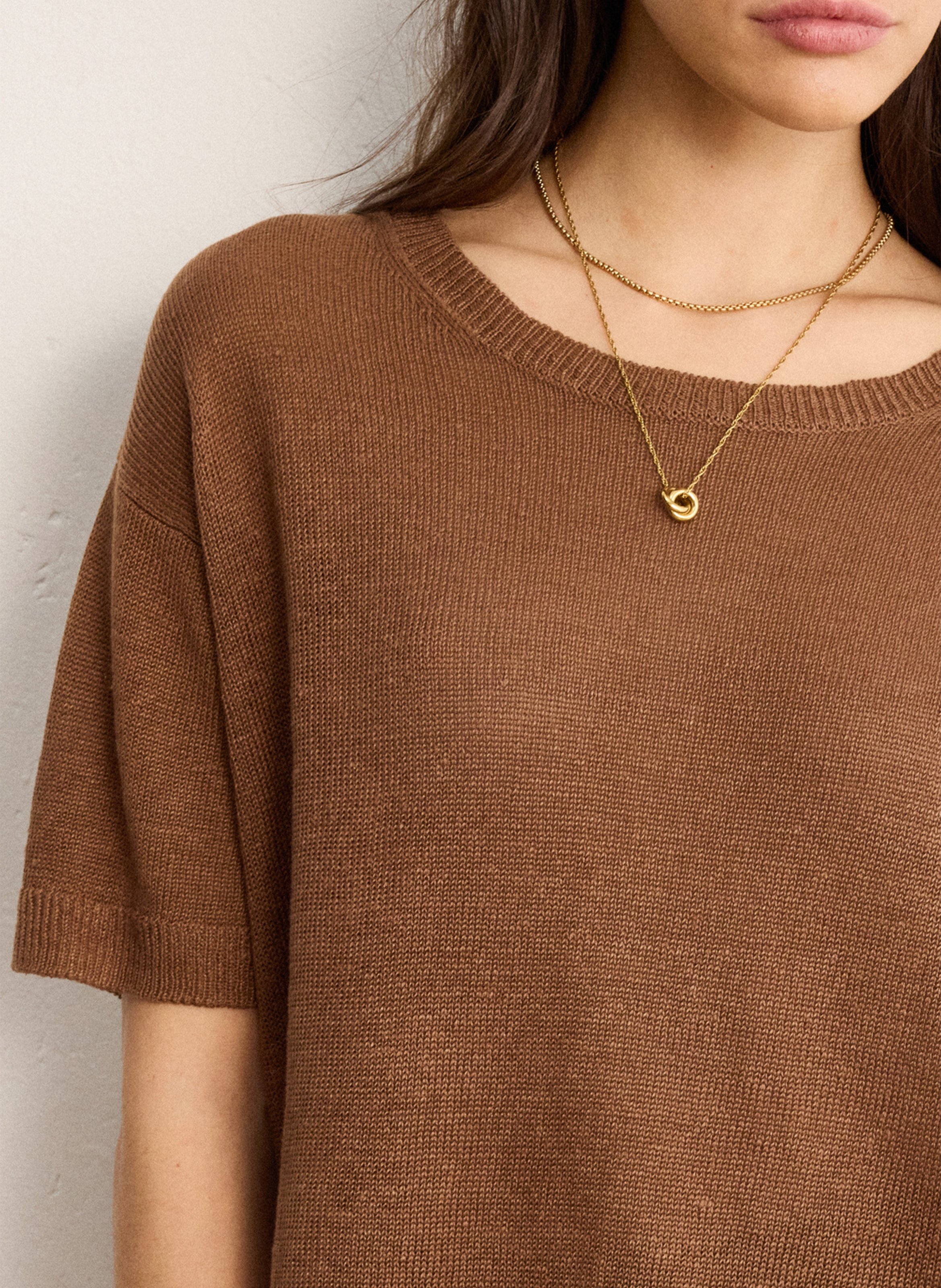 Straight round-neck linen sweater PABLO Brown