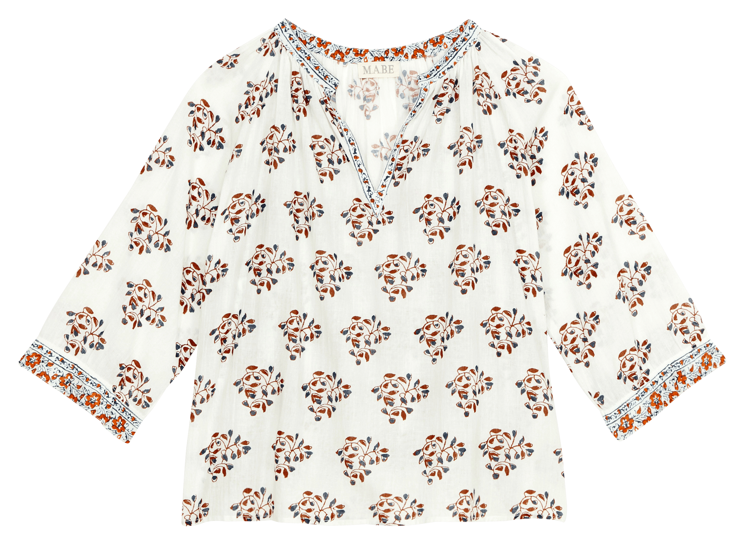 Tunisian Collar Floral Print Top M.A.B.E White