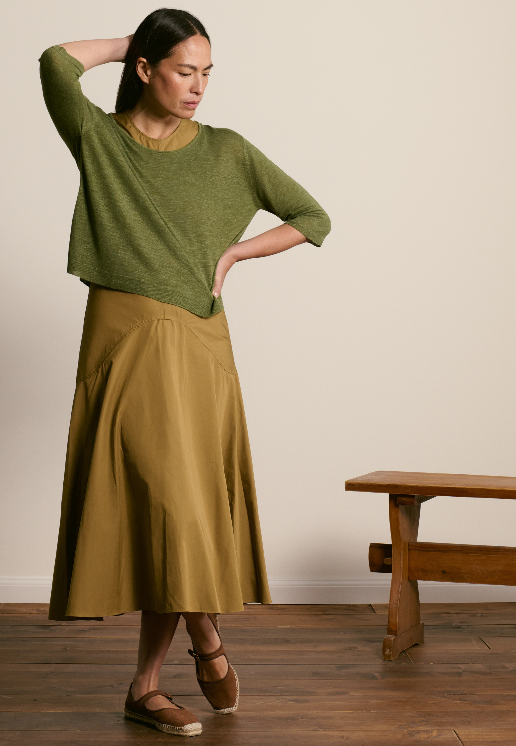 T-shirt col rond manches coudes en lin flammé MAISON MONTAGUT Kaki