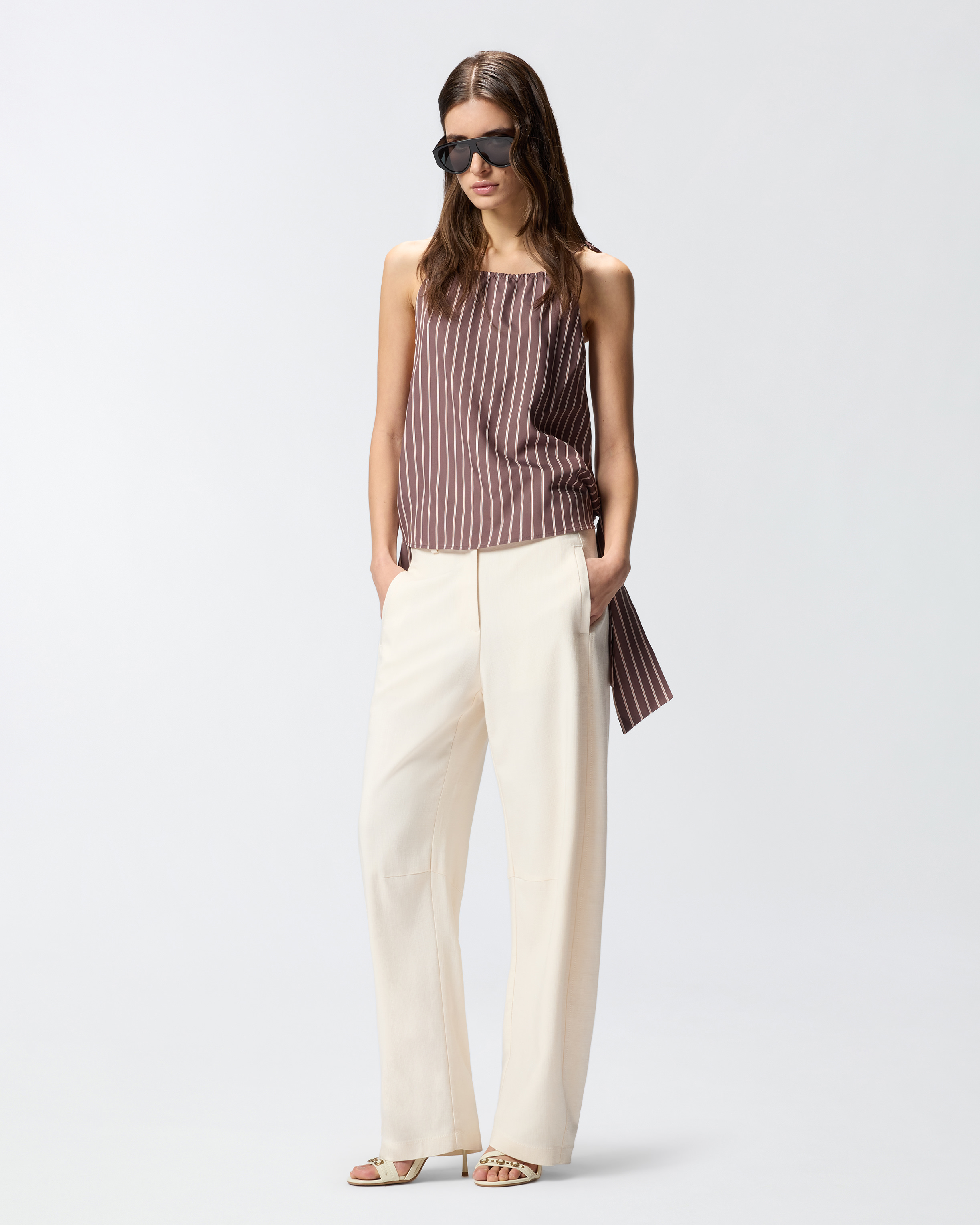 Haut à rayures avec fines bretelles et nœuds PINKO Marron