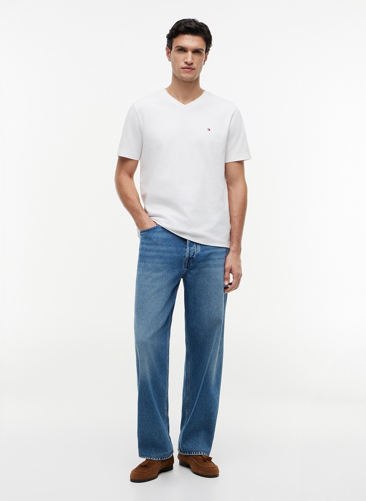 T-Shirt mit V-Ausschnitt aus einfarbiger Baumwolle TOMMY HILFIGER Weiss