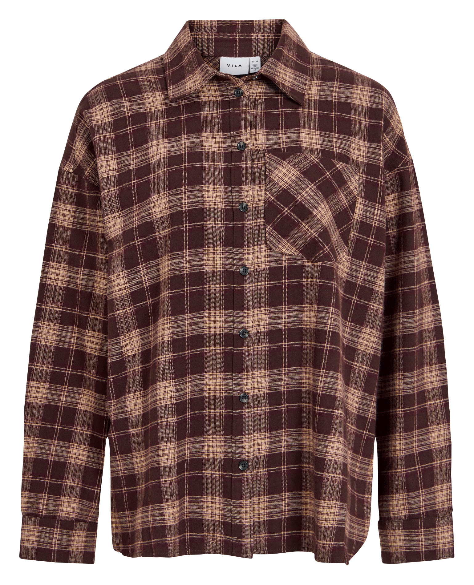 Chemise droite col classique en coton à carreaux VILA Marron