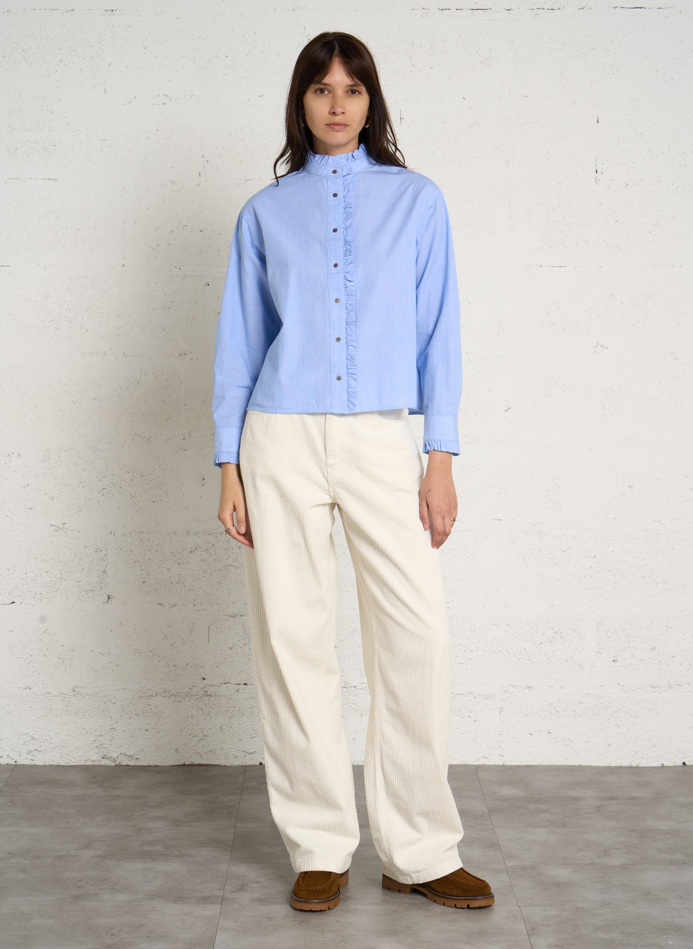 Chemise col à volant en coton BELLA JONES Bleu