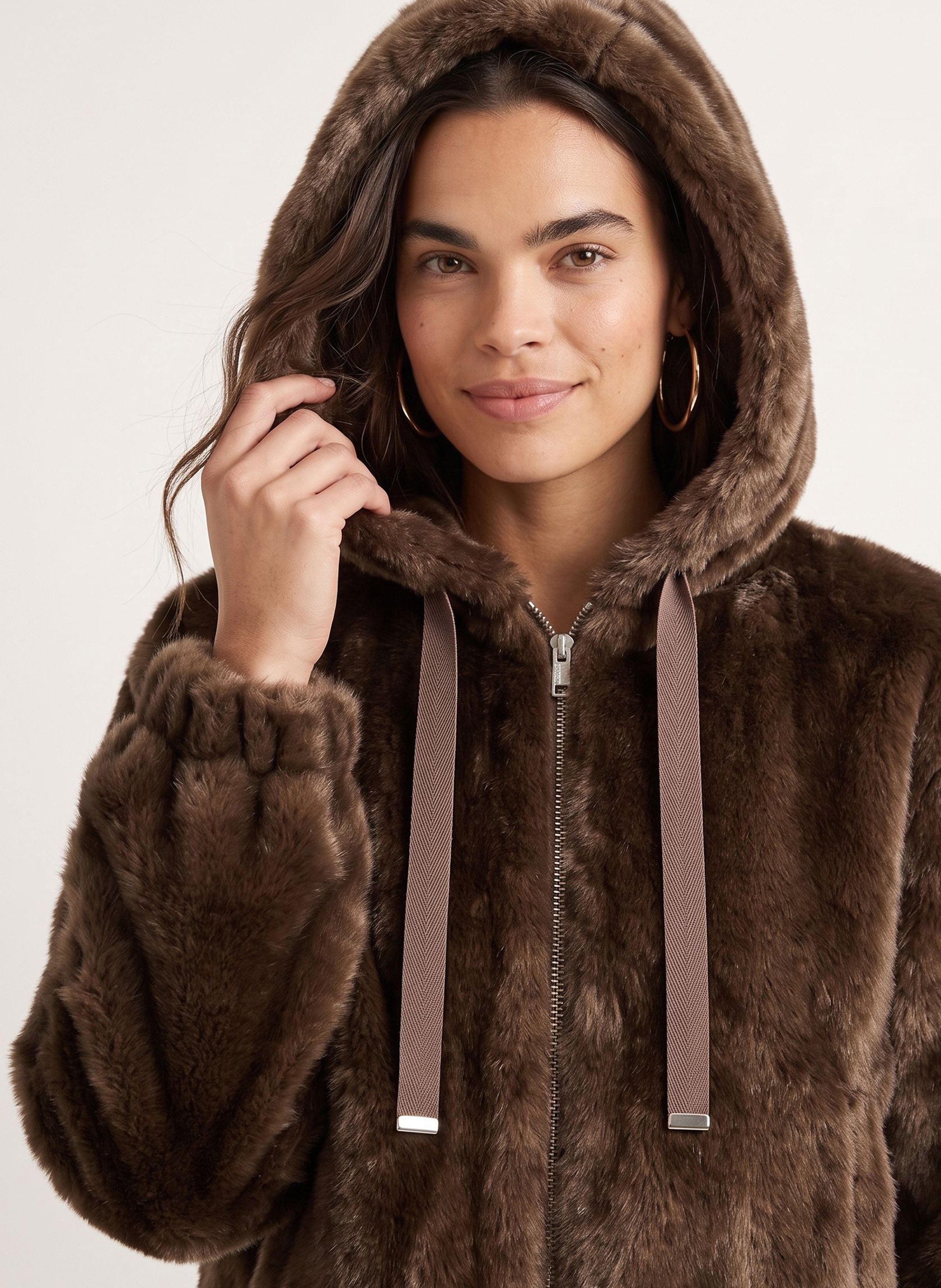 Veste droite à capuche effet fourrure KOOKAI Marron