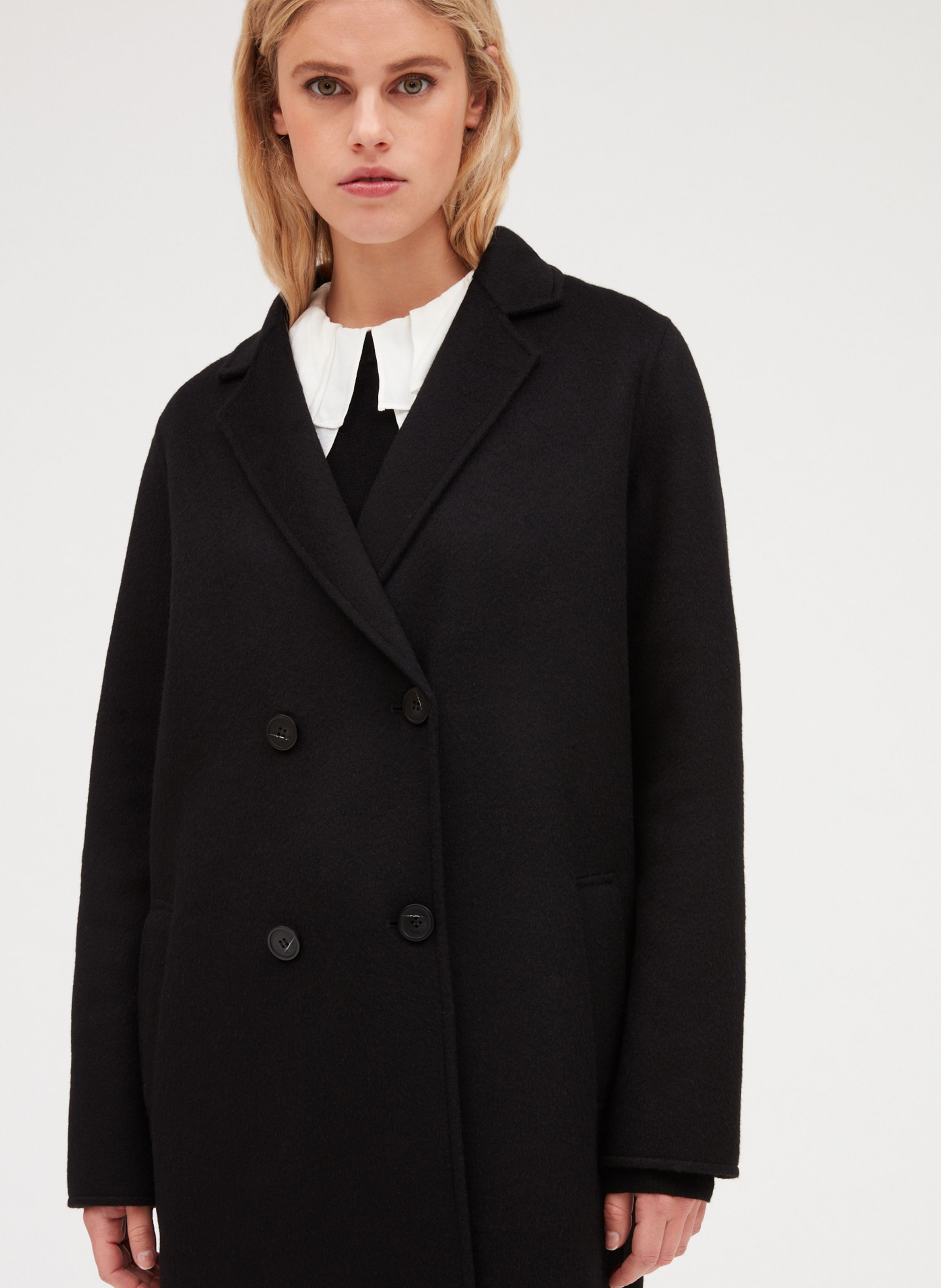 Manteau col tailleur en laine m lang e Noir