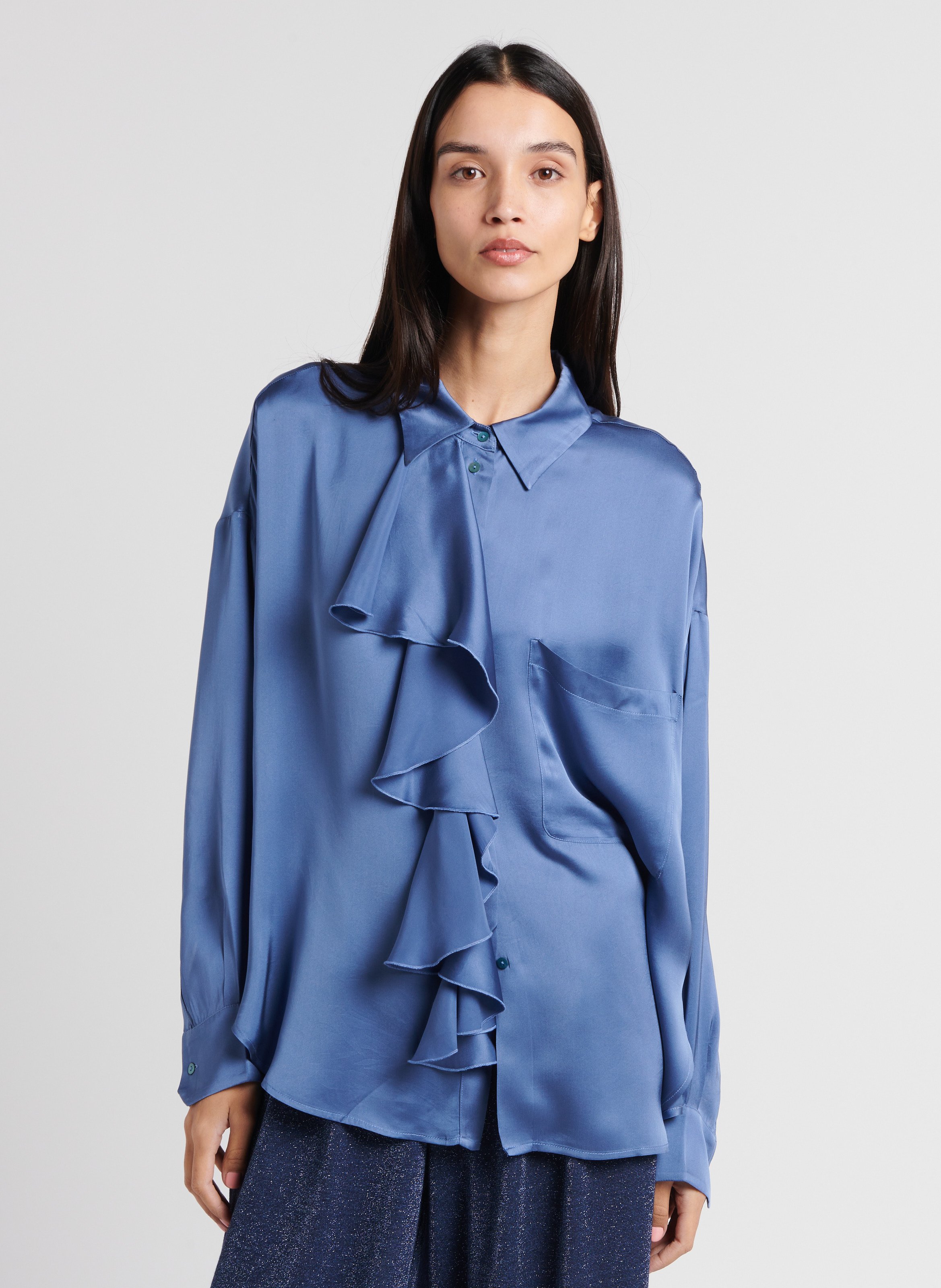 Chemise droite à volants en soie MOMONI Blanc