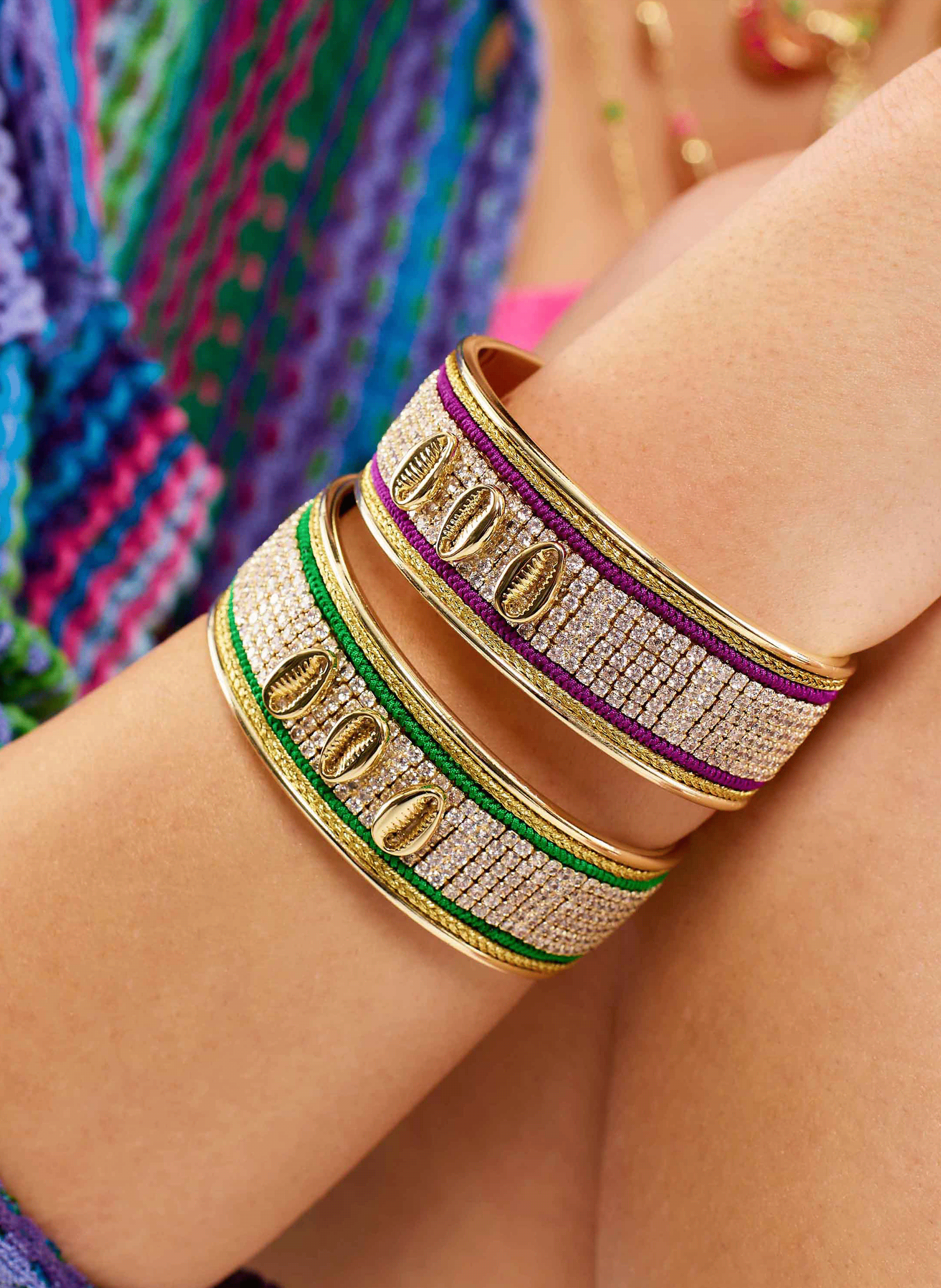 Adjustable bangle bracelet with seashells and rhinestones HIPANEMA Purple