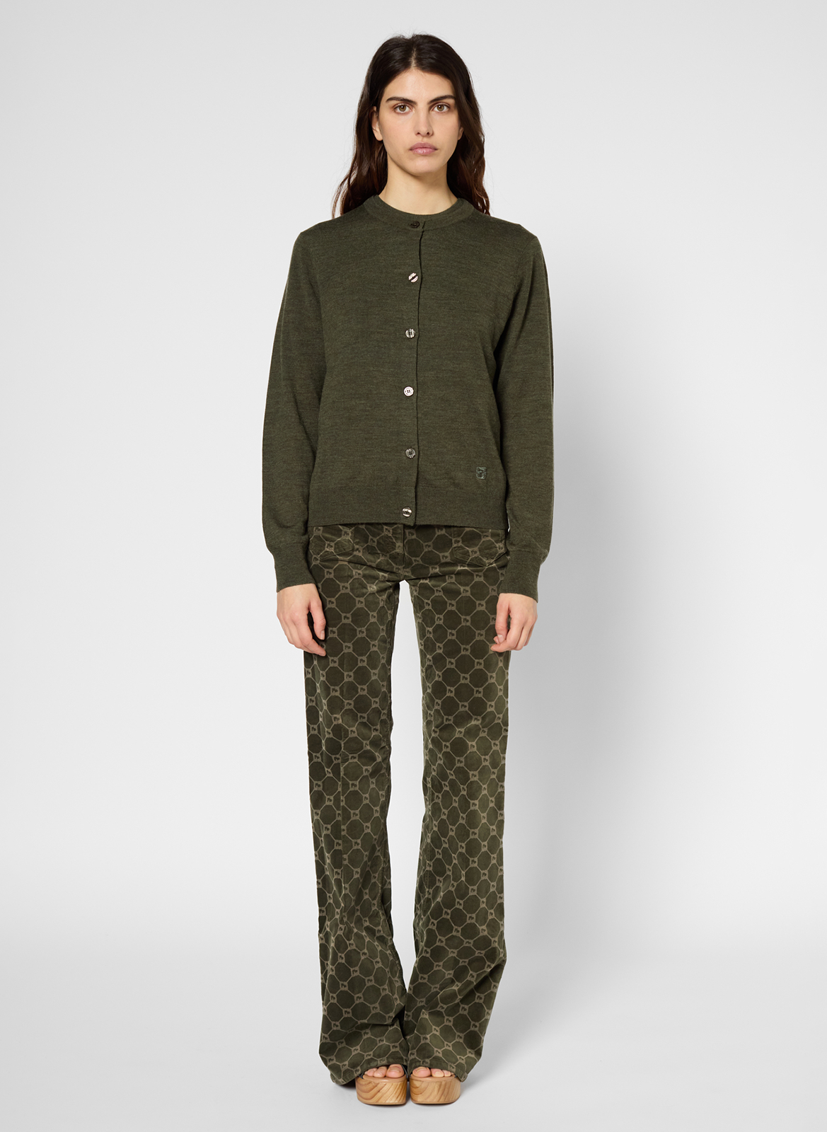 Ribbed merino wool embroidered cardigan GERARD DAREL Khaki