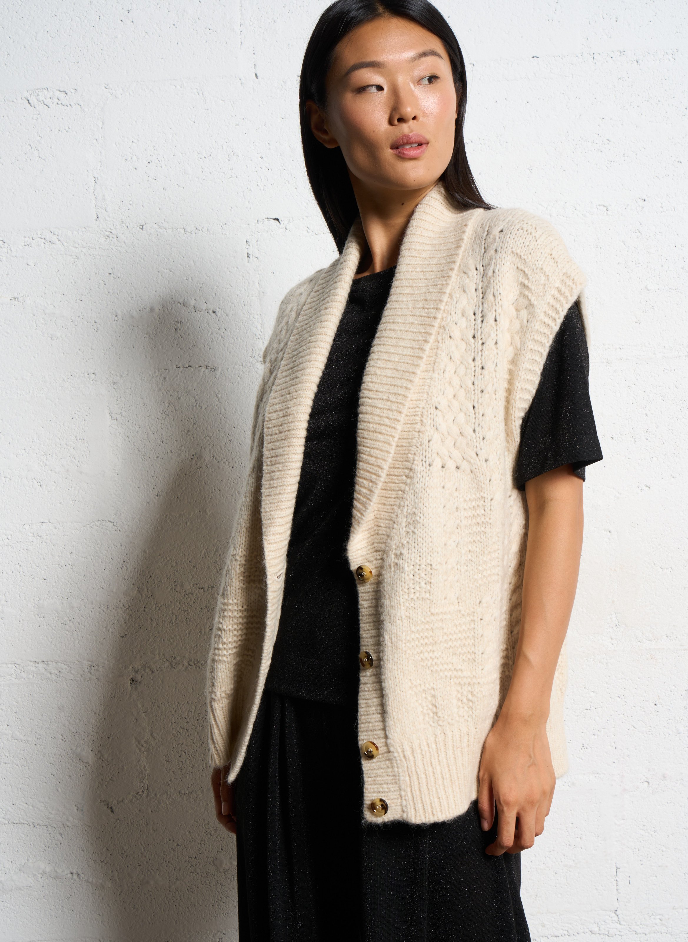 Braided wool blend shawl collar vest MOMONI Beige