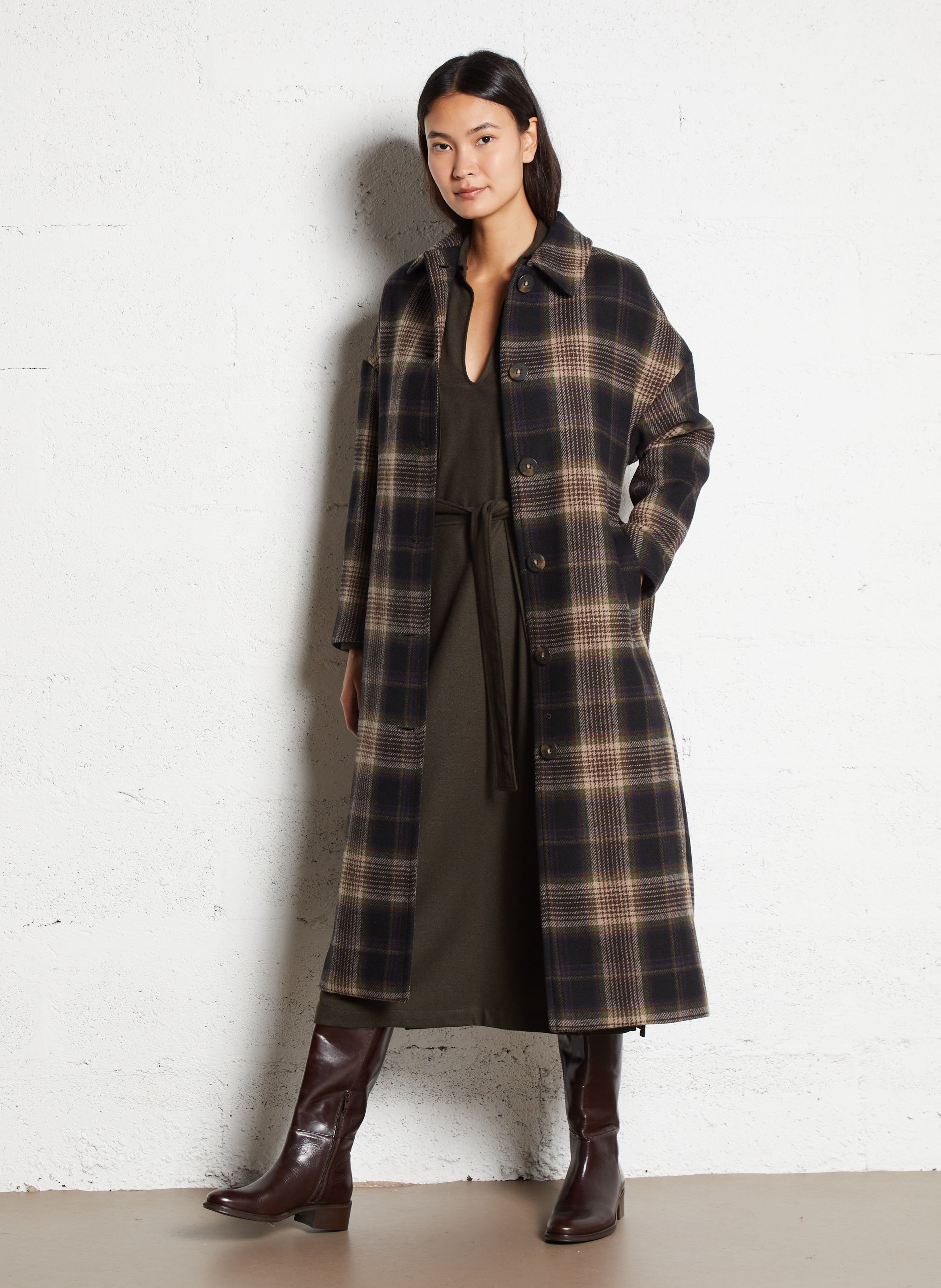 Manteau long col classique à carreaux en laine mélangée DIEGA Multicolore