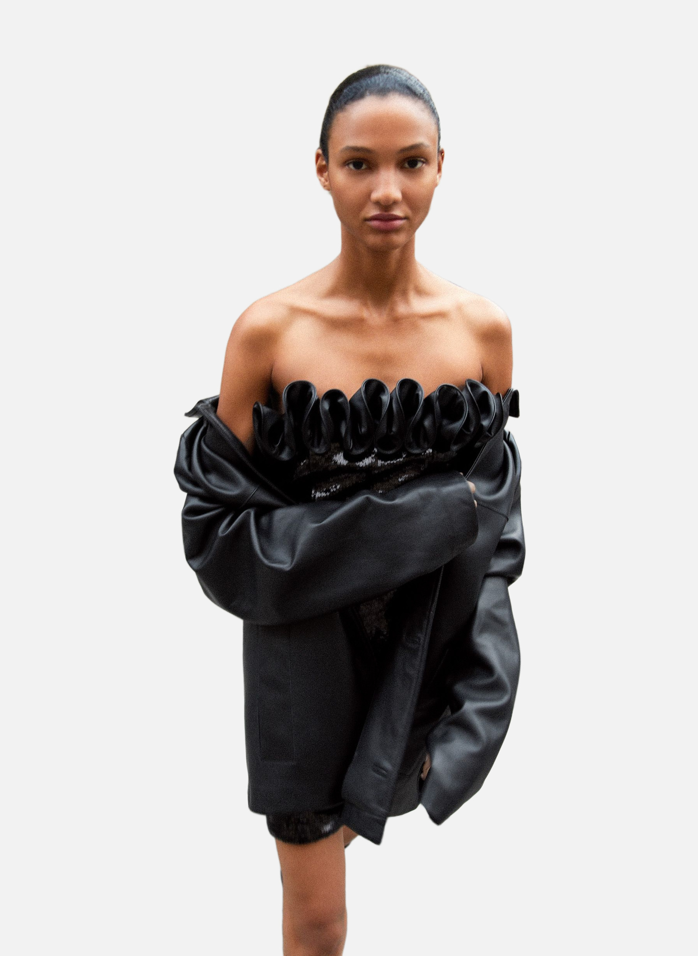 Short strapless dress with sequins and faux leather detail THE KOOPLES Black