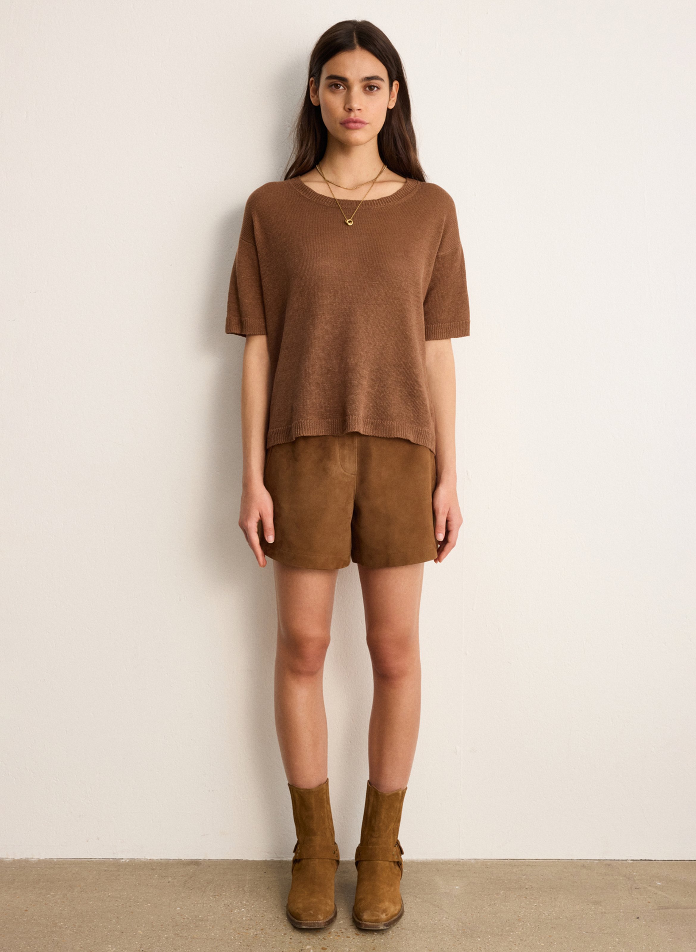 Straight round-neck linen sweater PABLO Brown