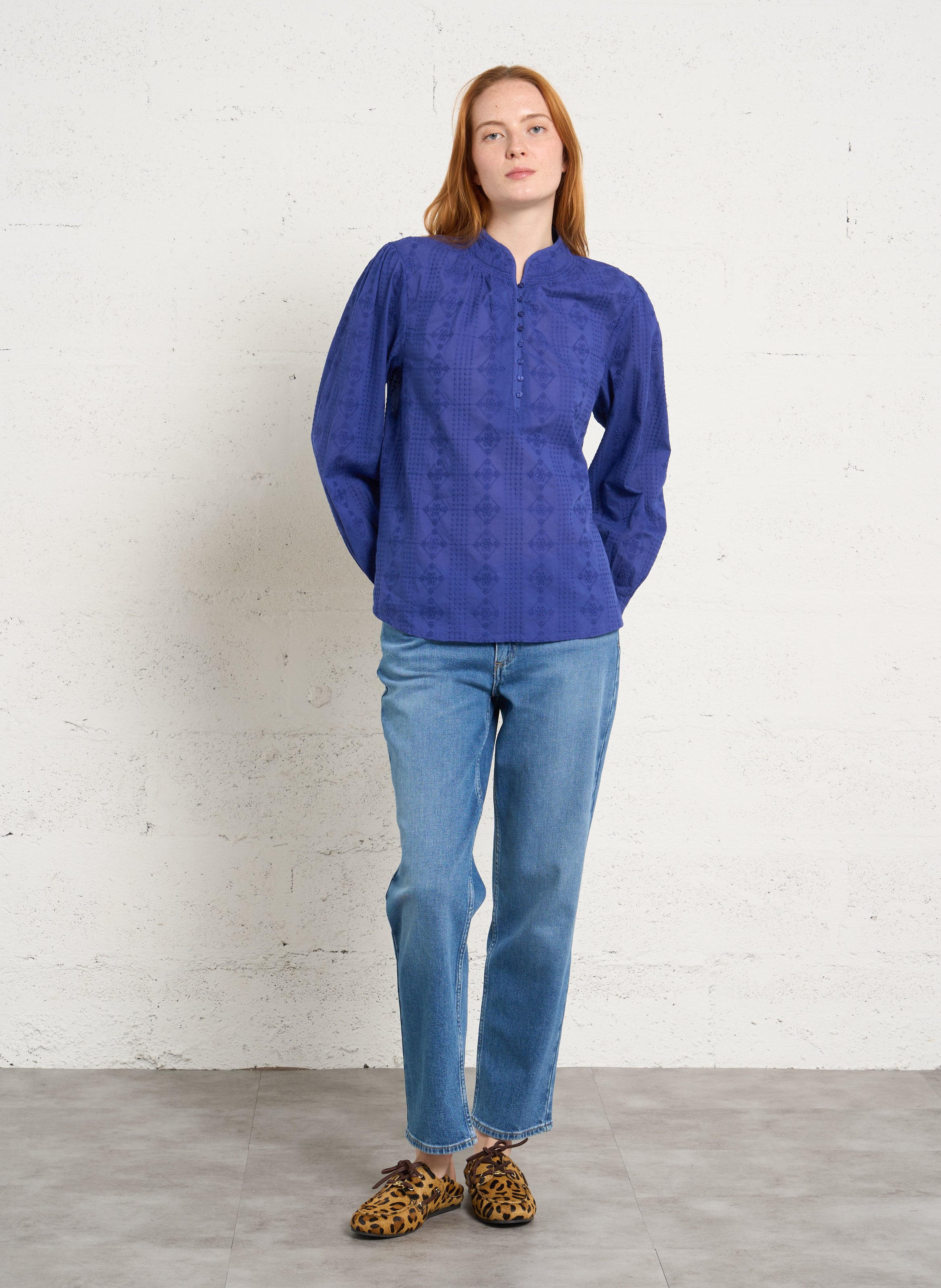 Blouse col V en coton MAISON 123 Bleu