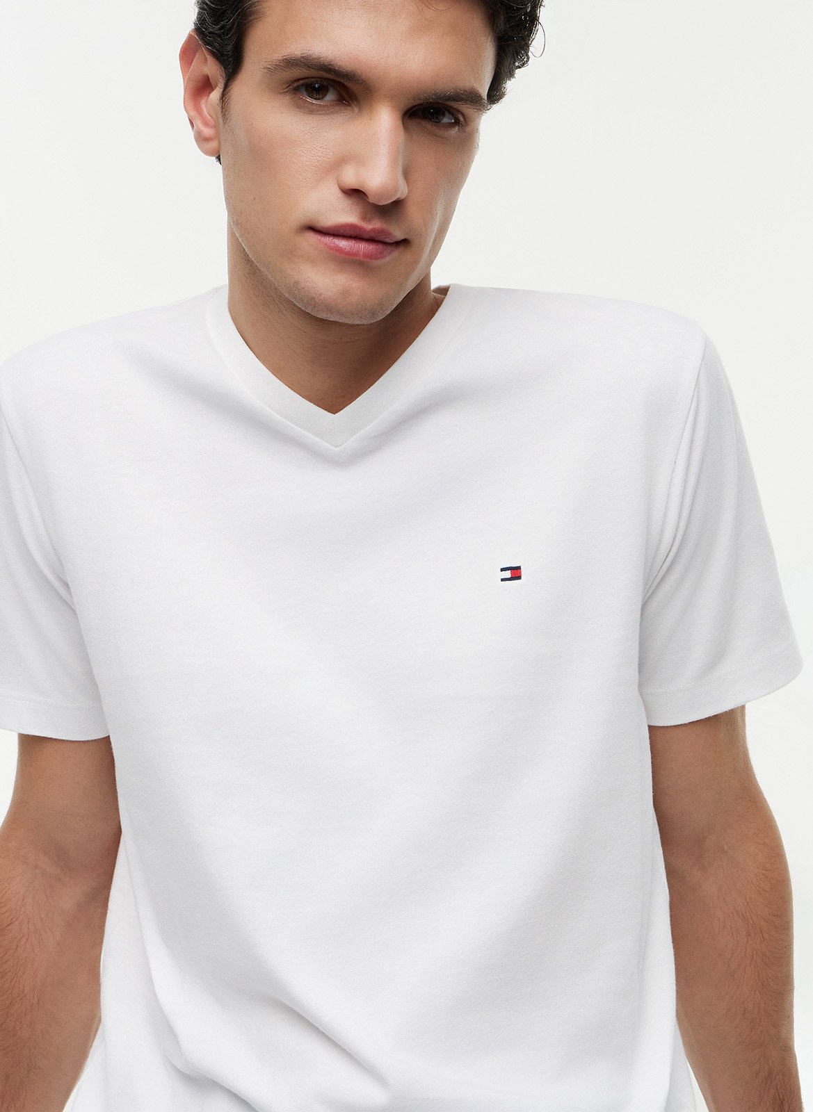 T-Shirt mit V-Ausschnitt aus einfarbiger Baumwolle TOMMY HILFIGER Weiss