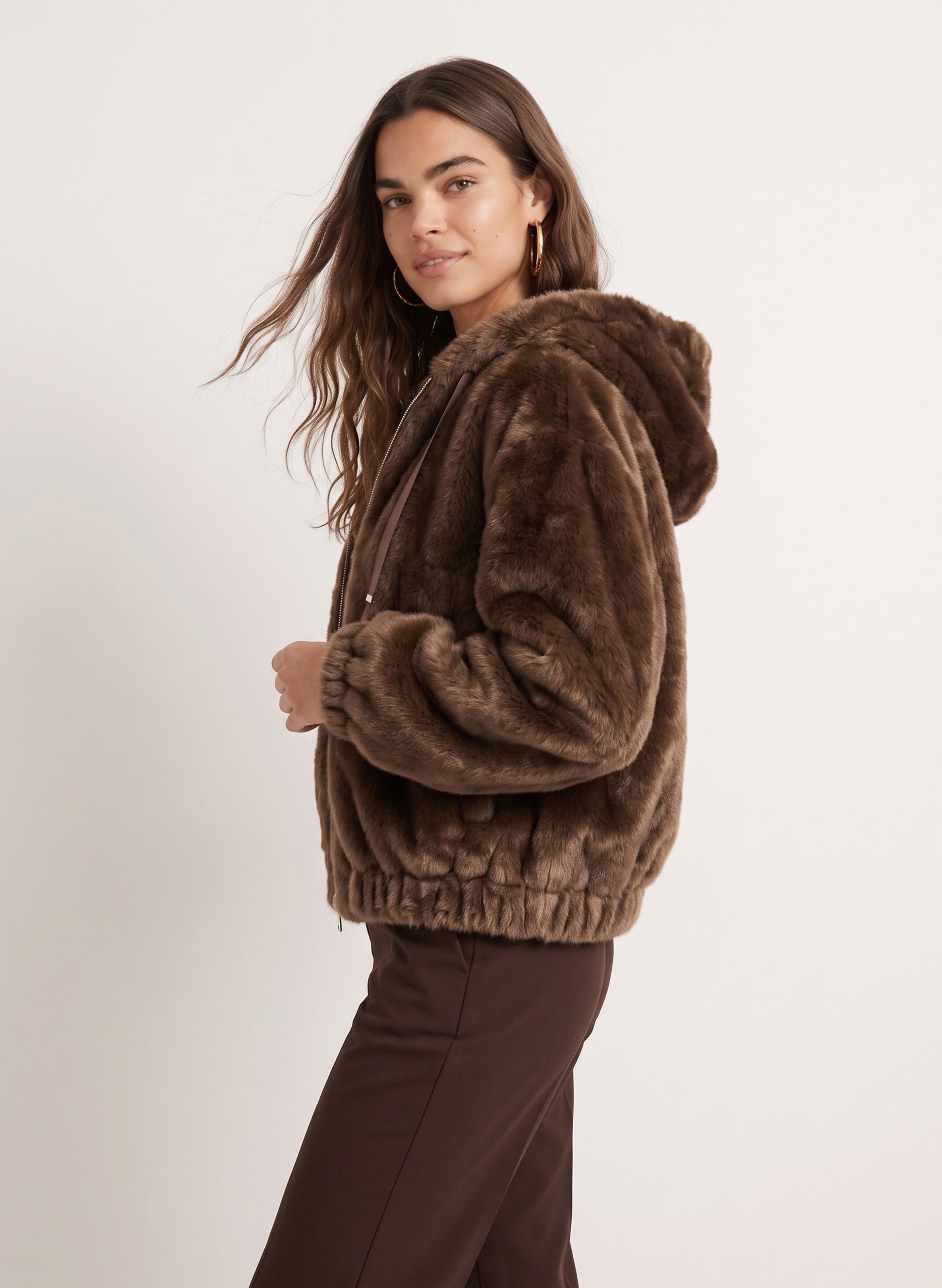 Veste droite à capuche effet fourrure KOOKAI Marron