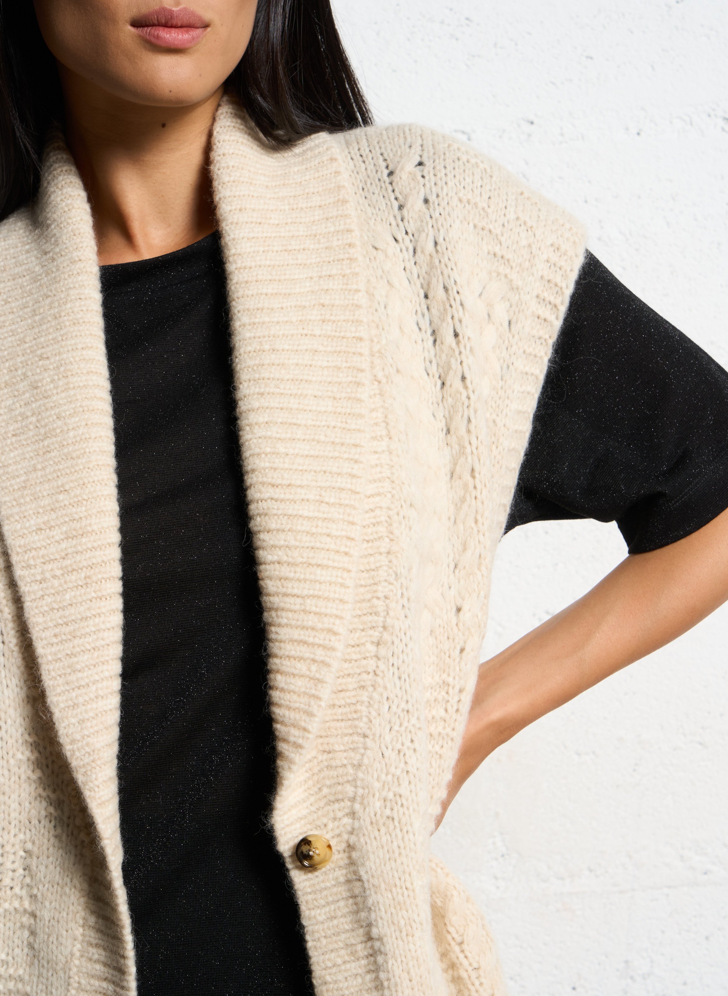 Braided wool blend shawl collar vest MOMONI Beige