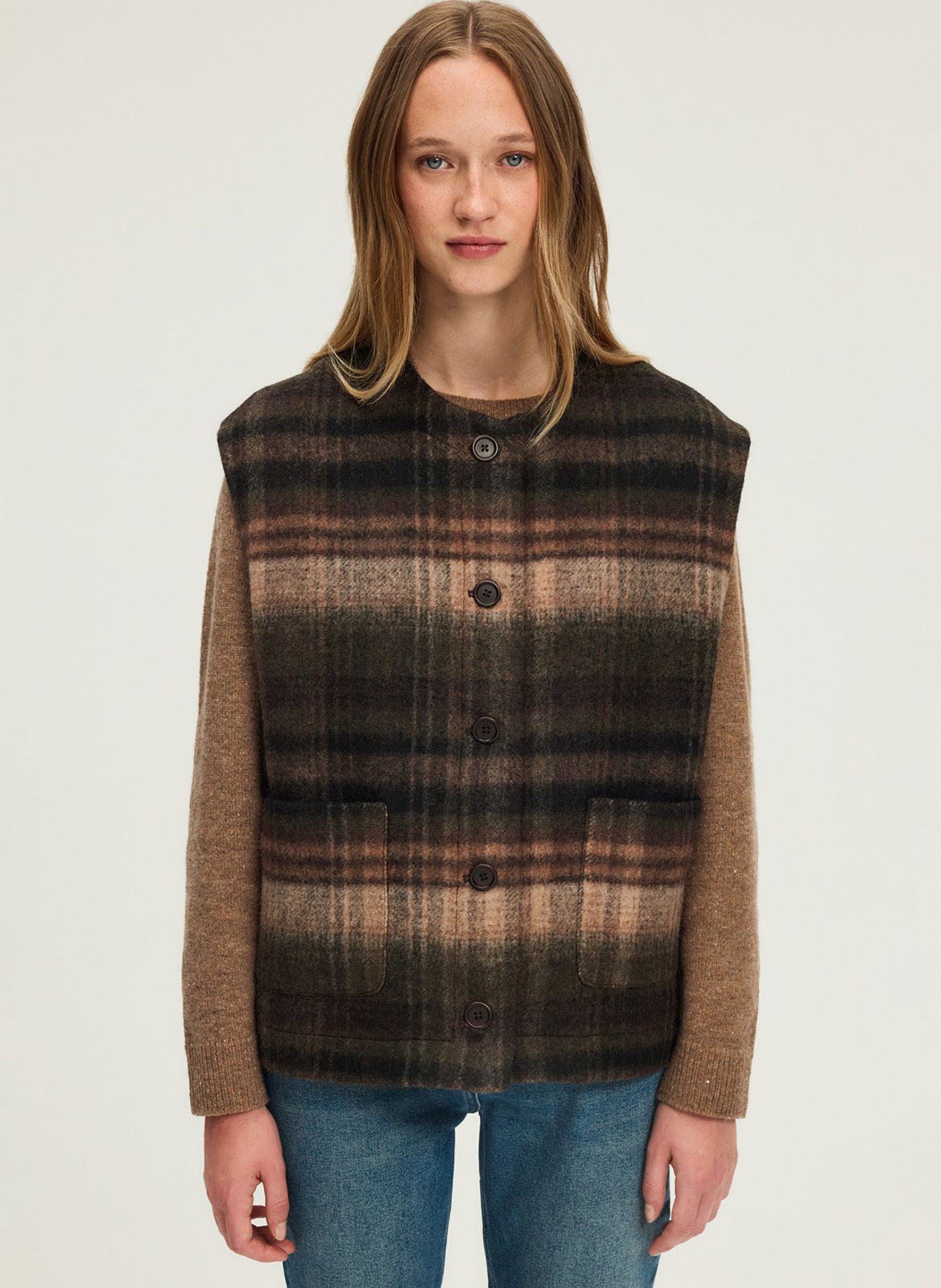 Geruit vest met ronde hals | wolblend PABLO Groen