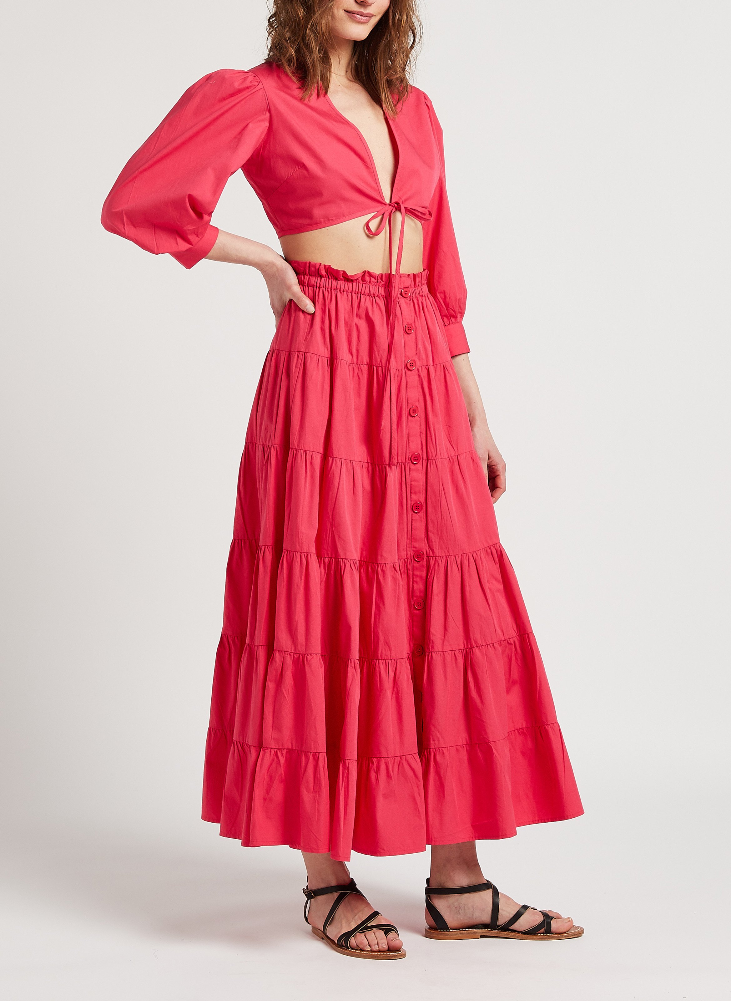 Korte, katoenen knooptop met ballonmouwen ANTIK BATIK Rood