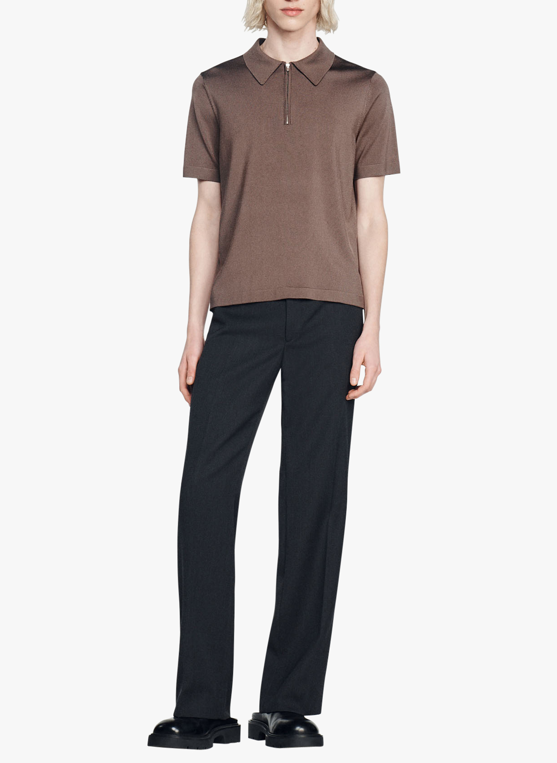 T-shirt met korte mouw en polokraagje met ritsje SANDRO Beige