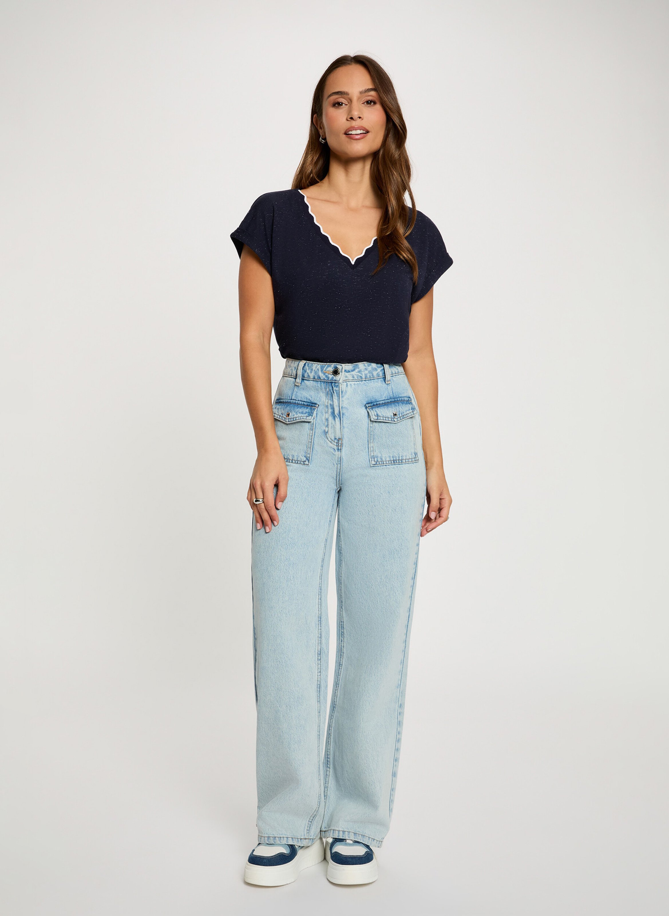 T-shirt met V-hals in effen recht model MORGAN Blauw