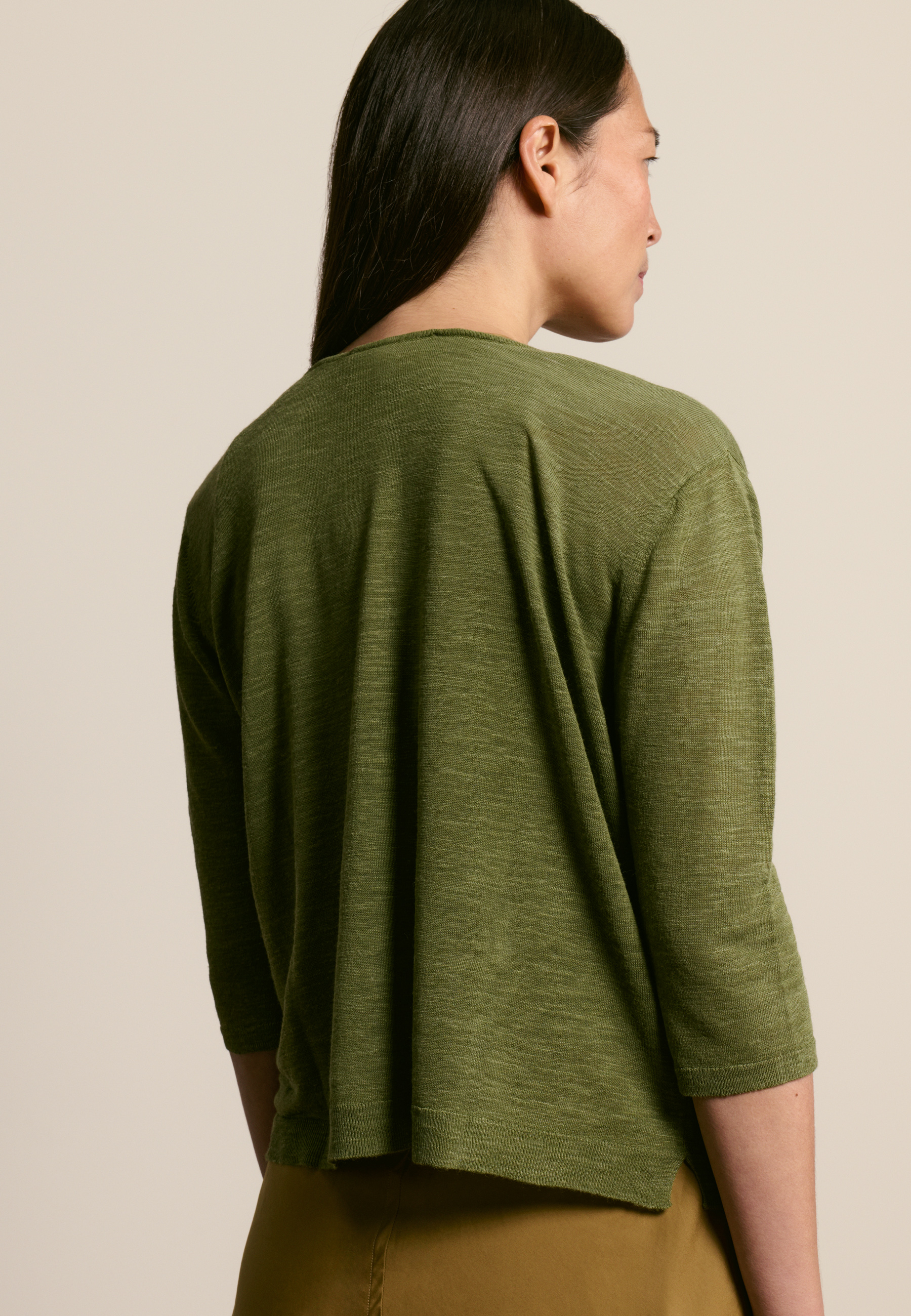 T-shirt col rond manches coudes en lin flammé MAISON MONTAGUT Kaki