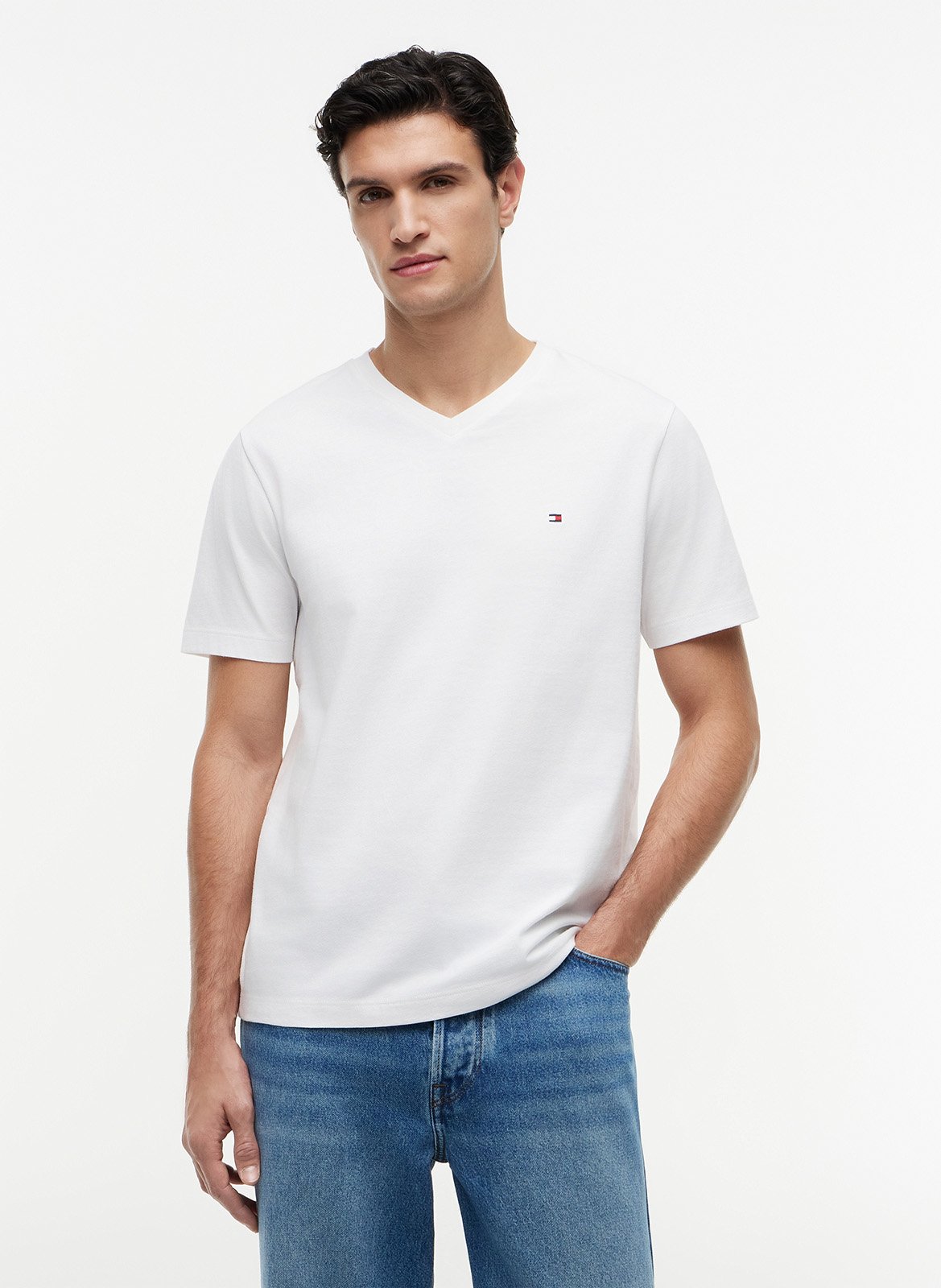 T-Shirt mit V-Ausschnitt aus einfarbiger Baumwolle TOMMY HILFIGER Weiss