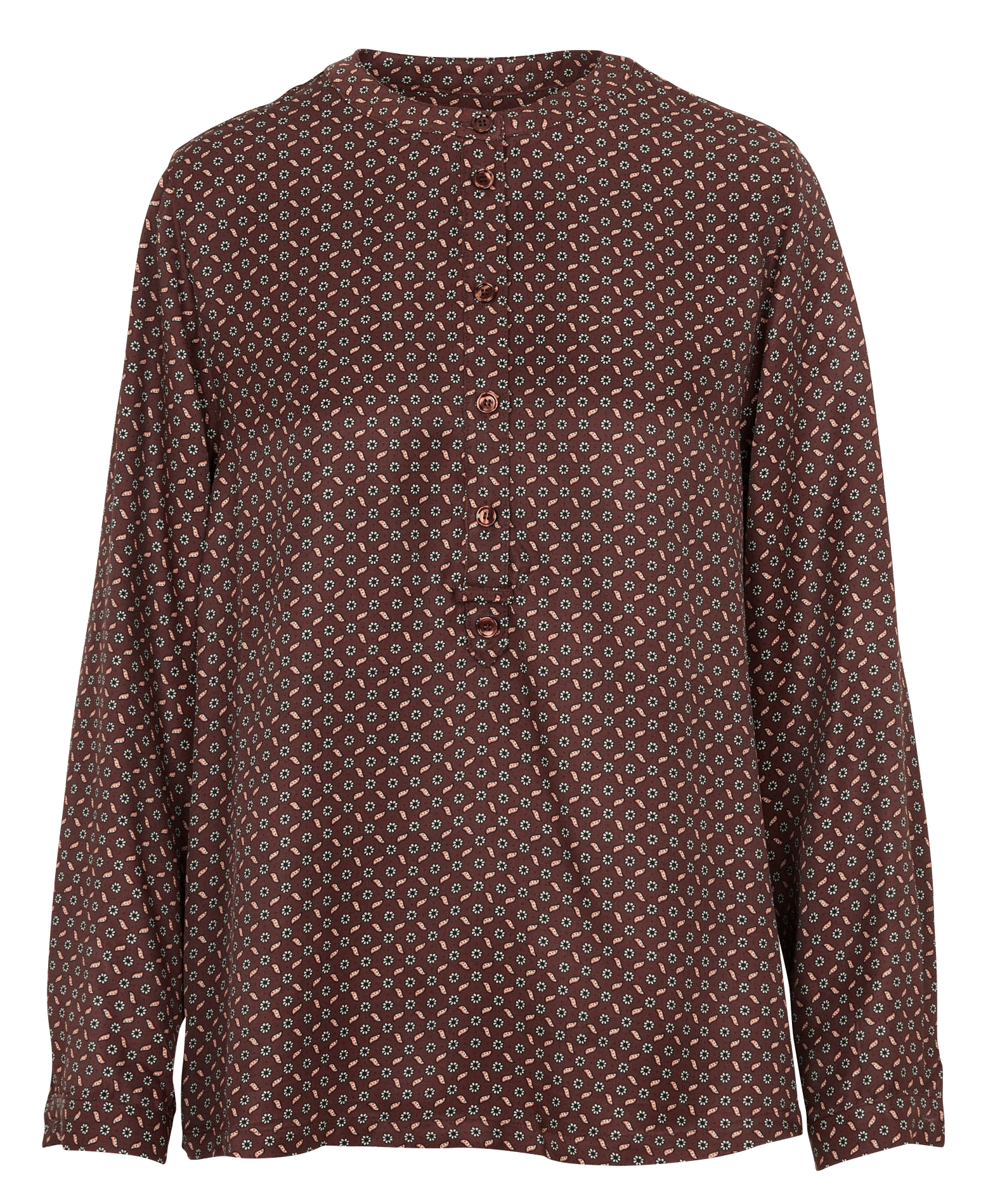 Loose blouse with Tunisian collar and print DES PETITS HAUTS Brown