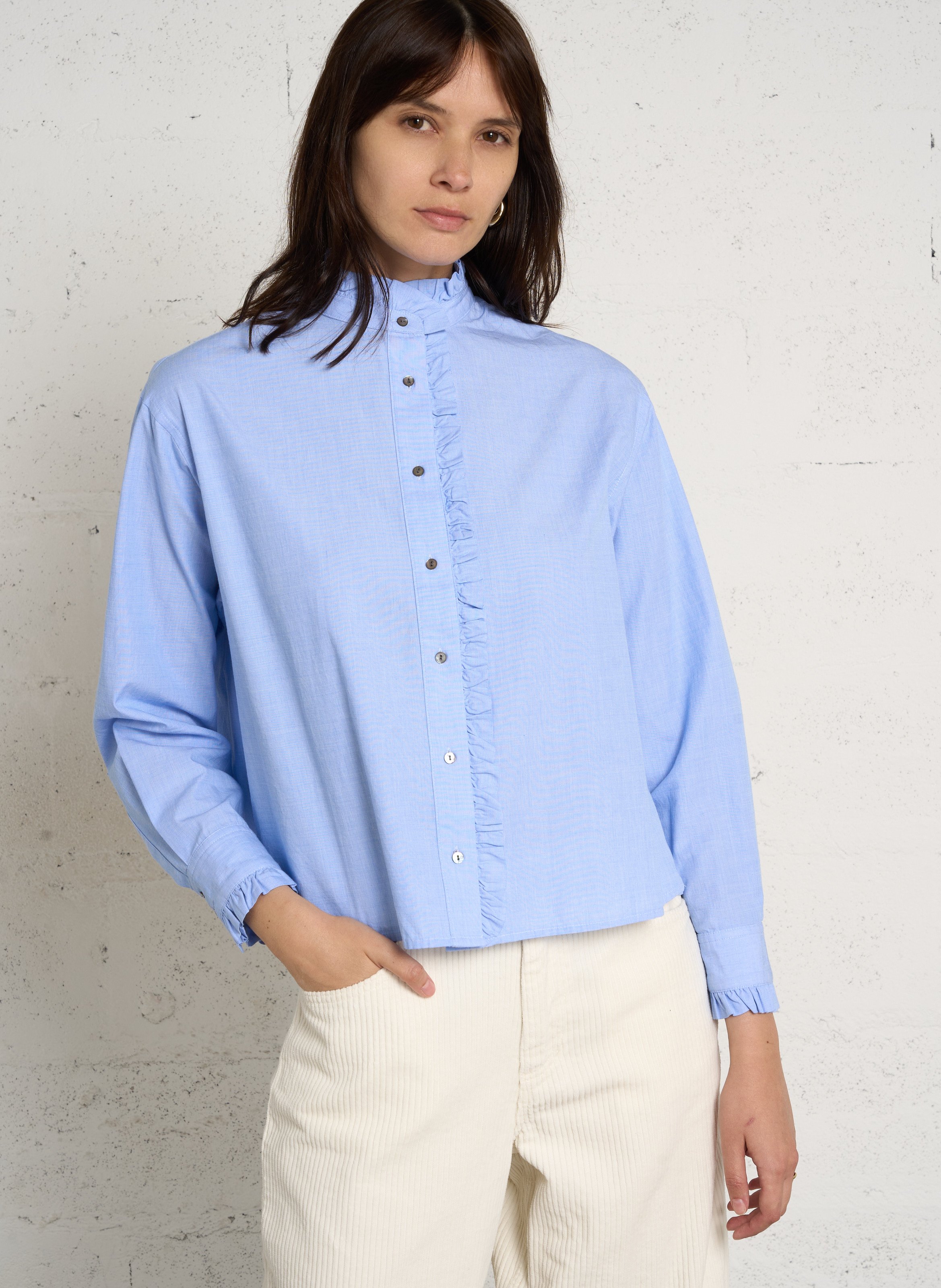Chemise col à volant en coton BELLA JONES Bleu