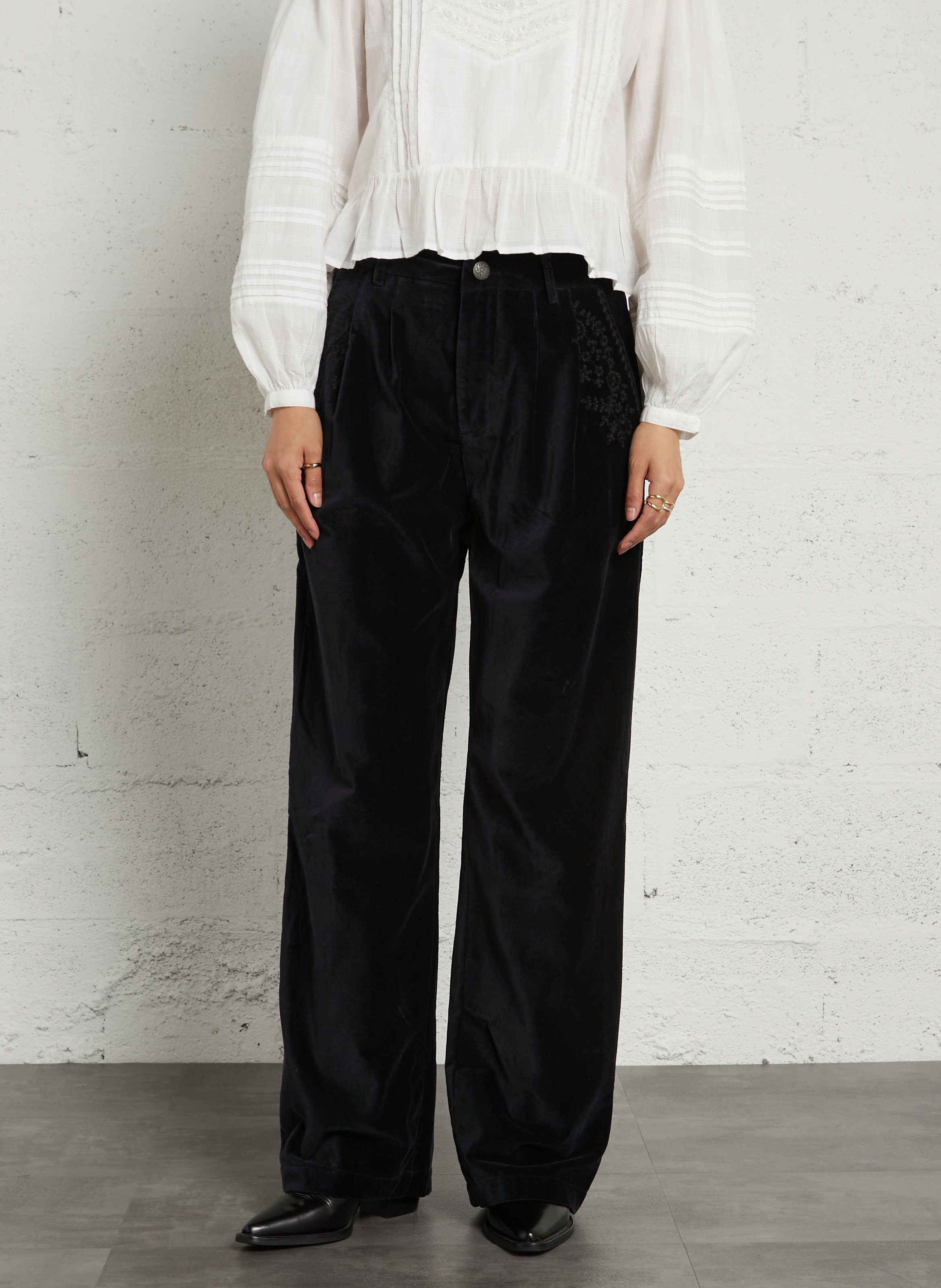 Wijde broek met borduursel in fluwelen katoen MAISON HOTEL Blauw
